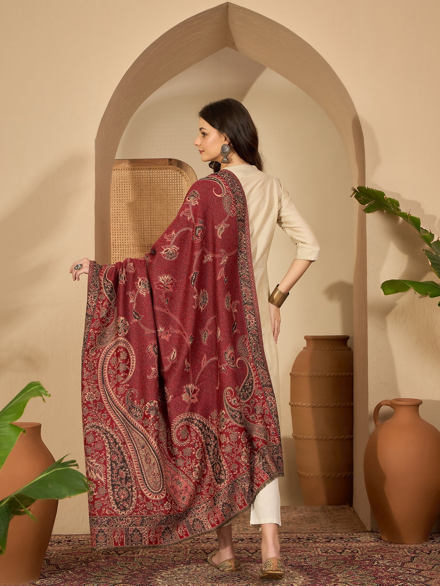 Women Red Beige Kashmiri Kaani Weave Stole