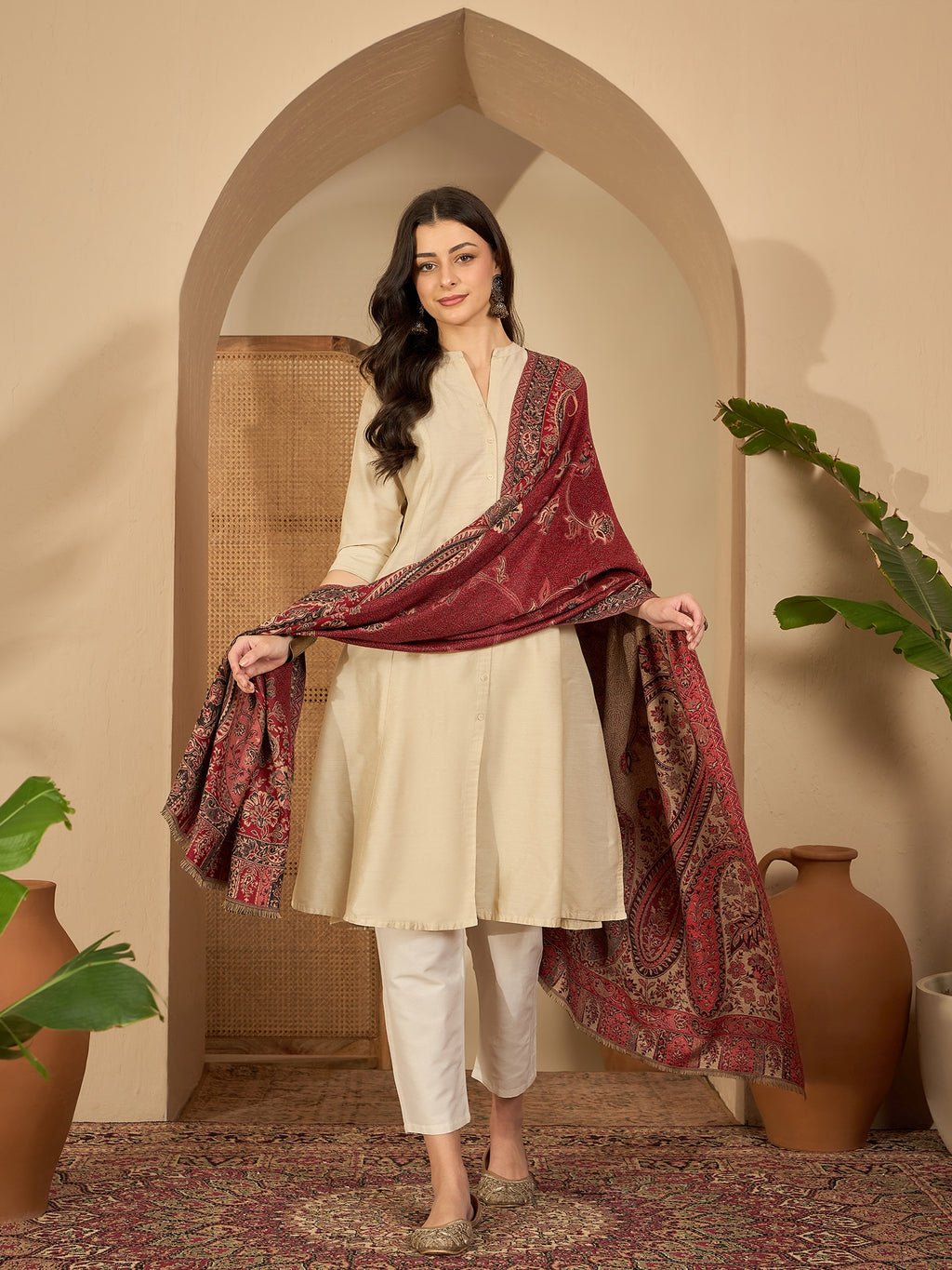 Women Red Beige Kashmiri Kaani Weave Stole