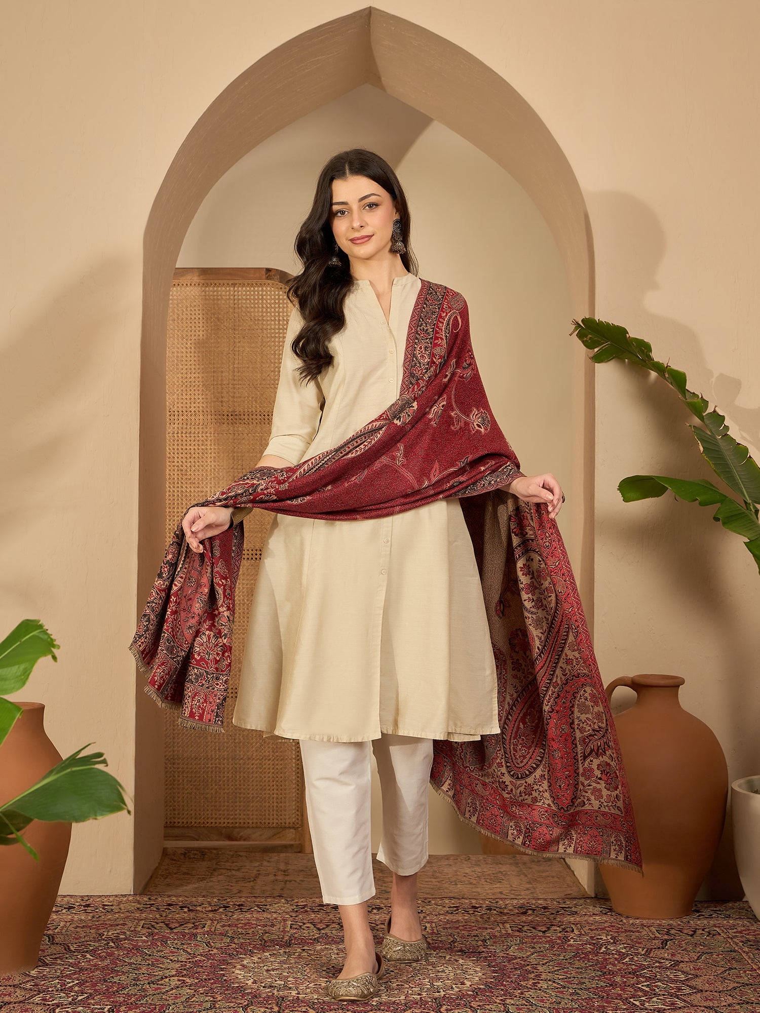 Women Red Beige Kashmiri Kaani Weave Stole