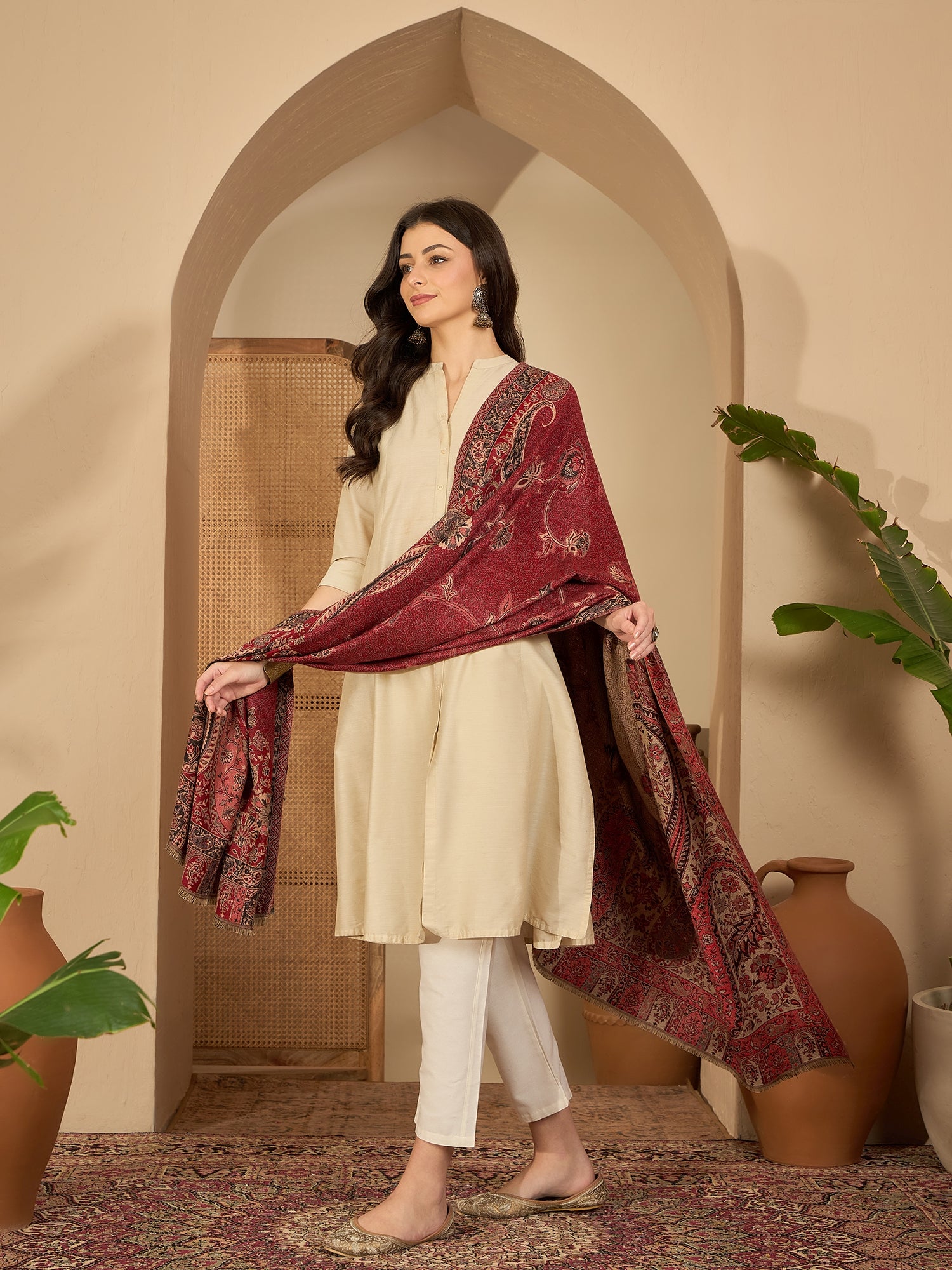 Women Red Beige Kashmiri Kaani Weave Stole