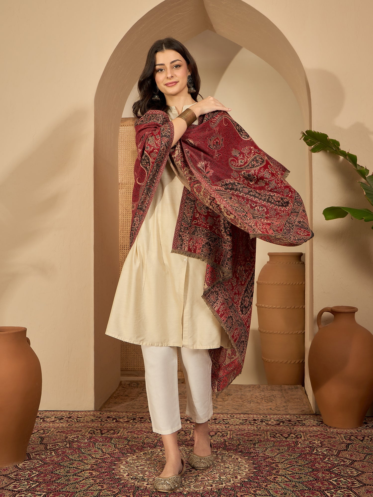 Women Red Beige Kashmiri Kaani Weave Stole