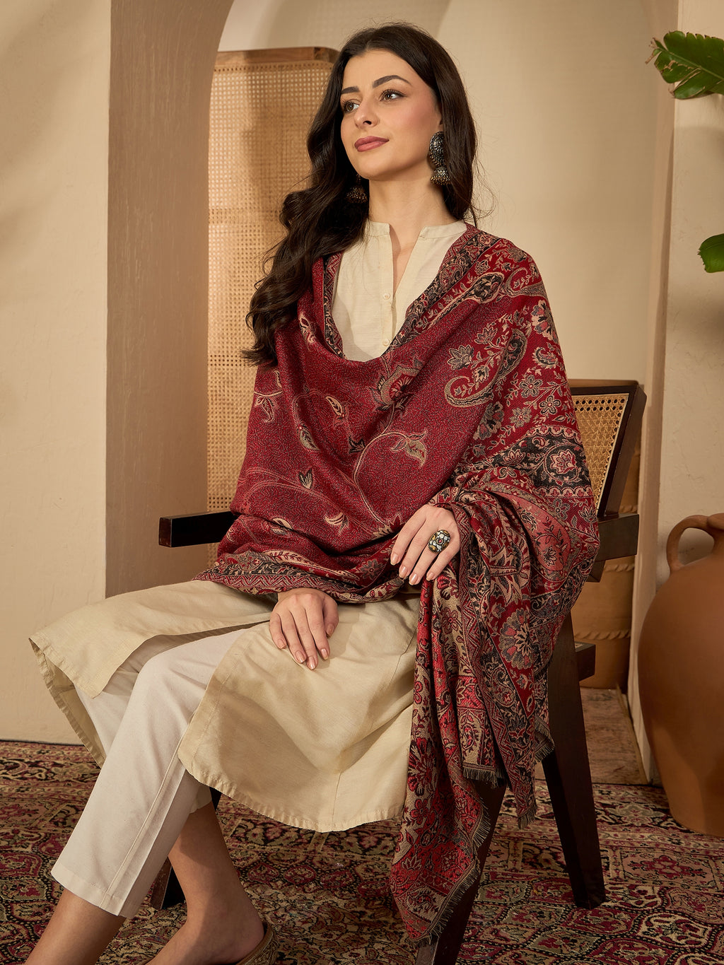Women Red Beige Kashmiri Kaani Weave Stole