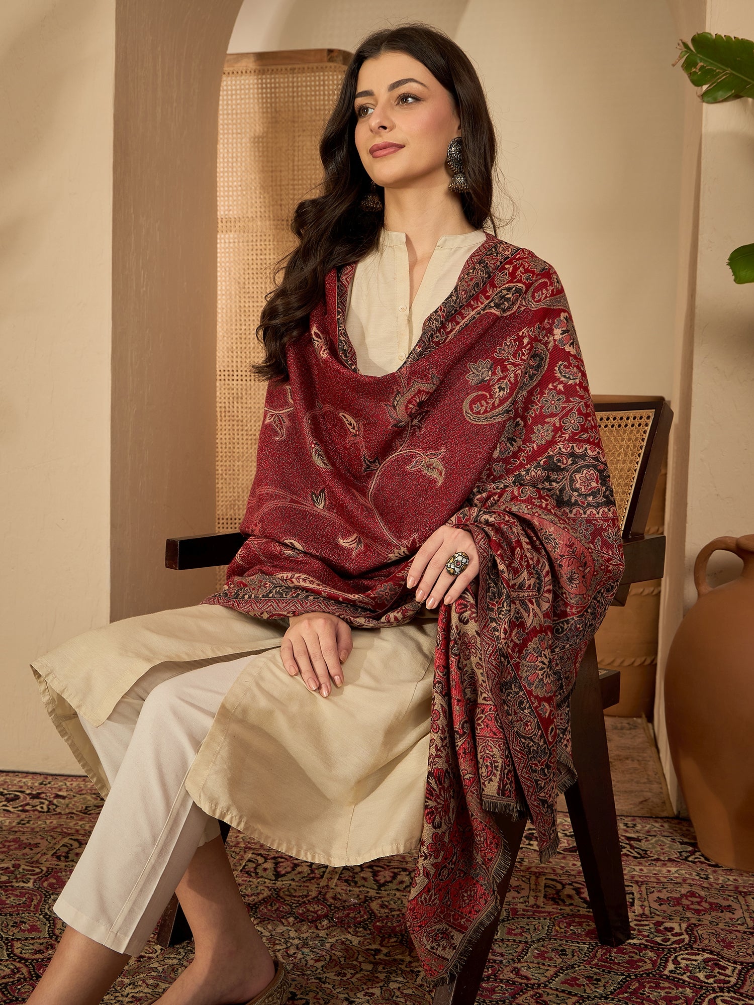 Women Red Beige Kashmiri Kaani Weave Stole