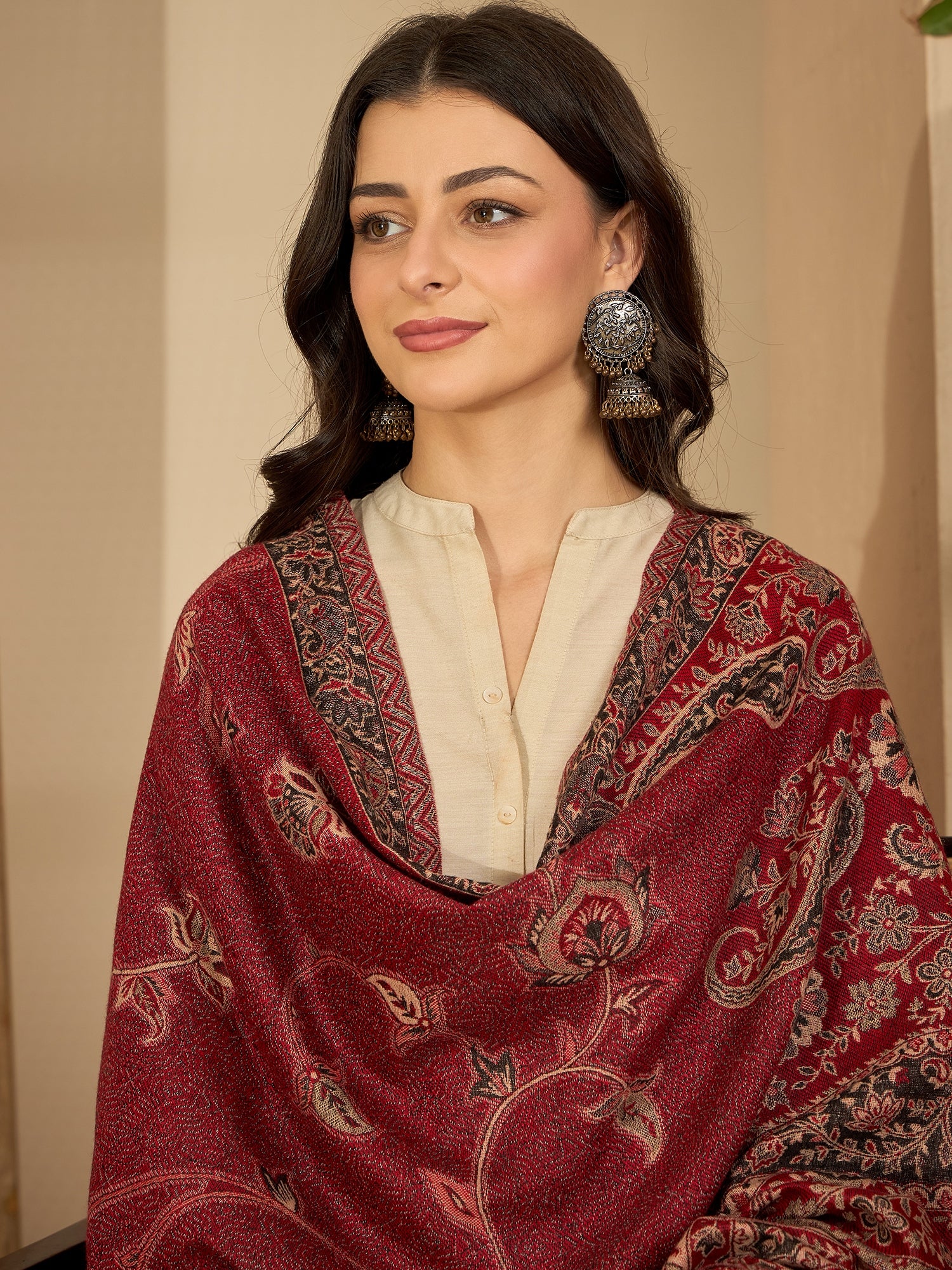 Women Red Beige Kashmiri Kaani Weave Stole