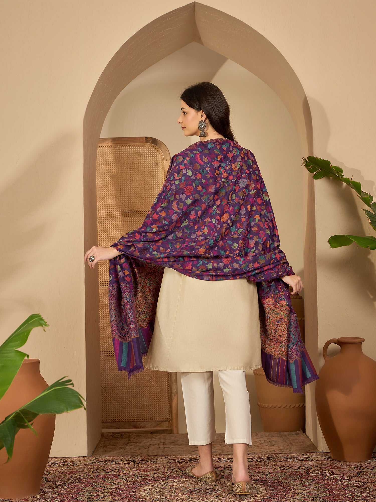 Women Purple Woollen Kashmiri Kaani Weave Shawl