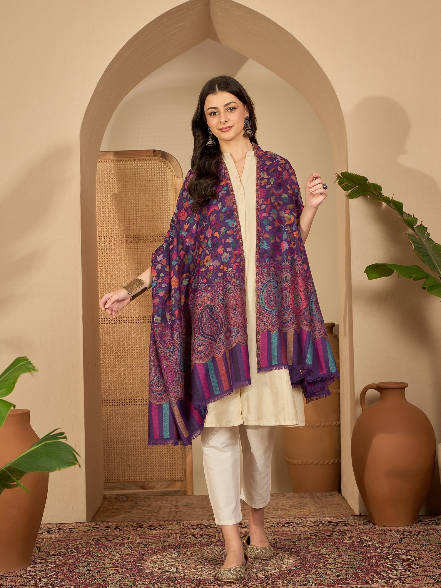 Women Purple Woollen Kashmiri Kaani Weave Shawl