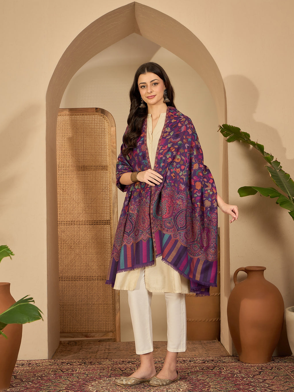 Women Purple Woollen Kashmiri Kaani Weave Shawl