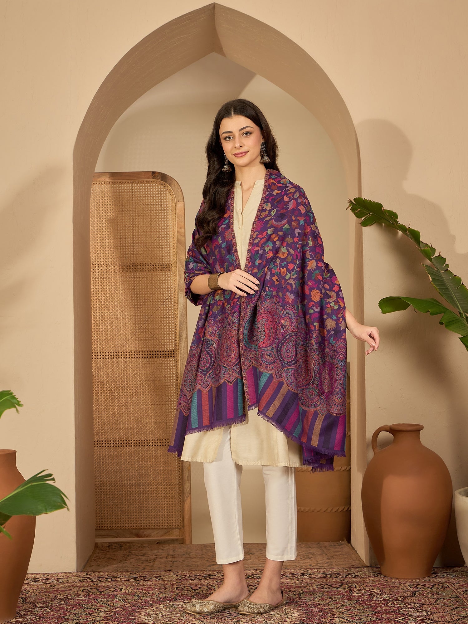 Women Purple Woollen Kashmiri Kaani Weave Shawl