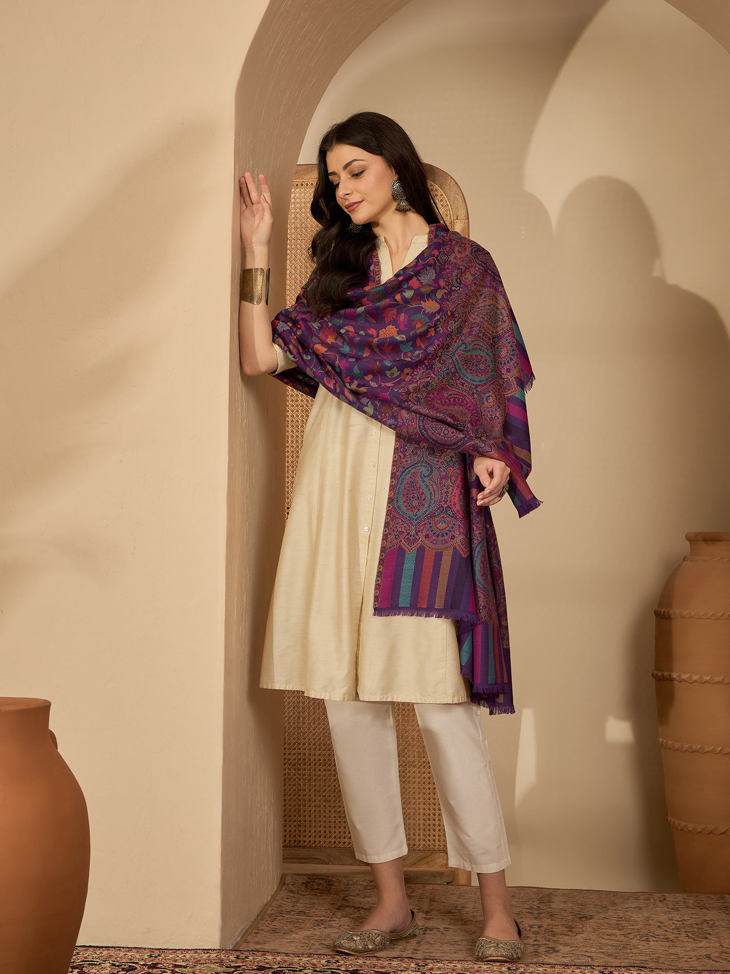 Women Purple Woollen Kashmiri Kaani Weave Shawl