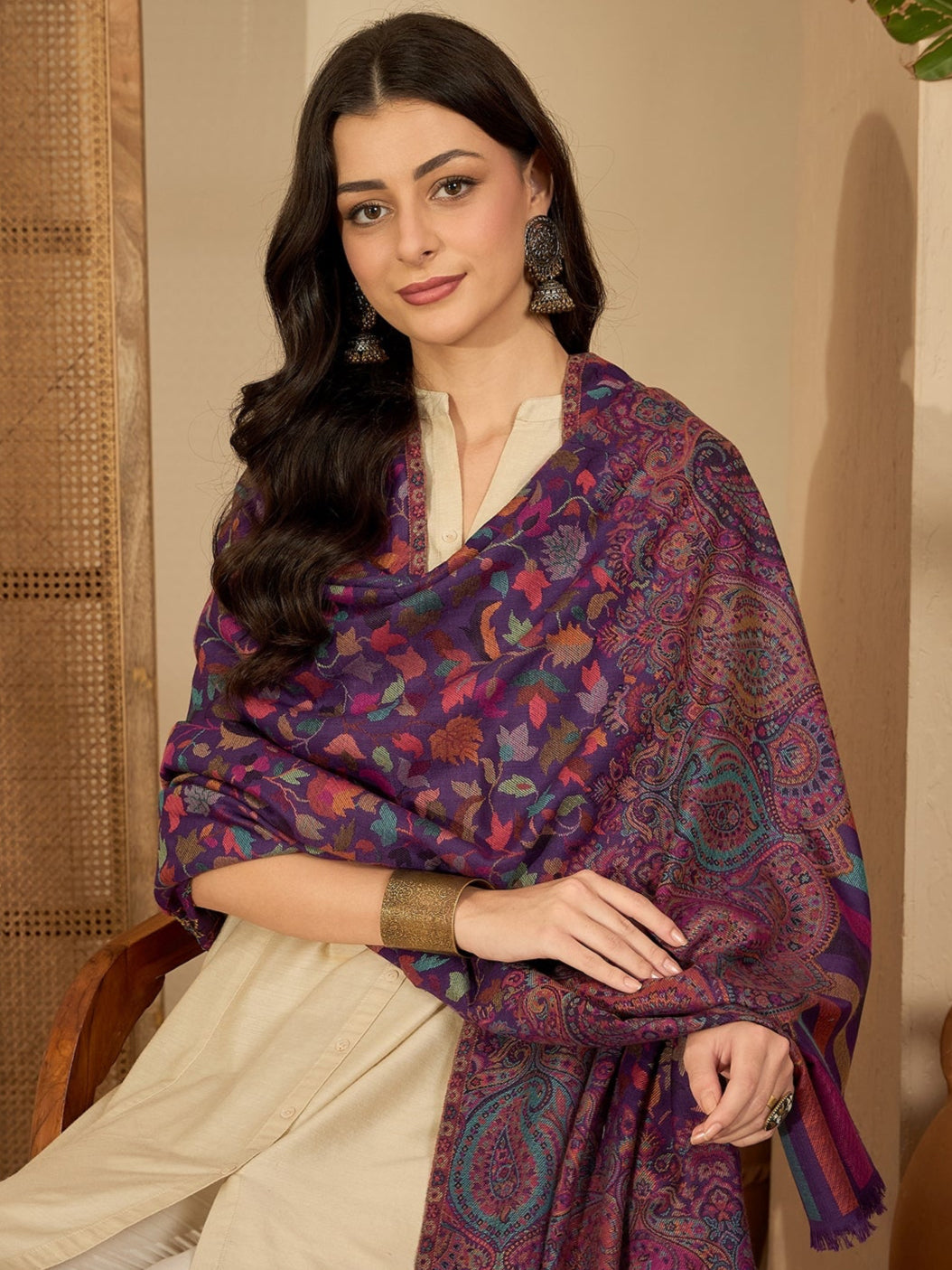Women Purple Woollen Kashmiri Kaani Weave Shawl