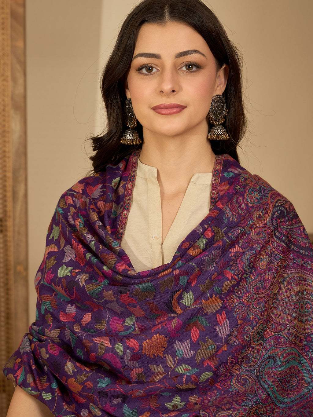 Women Purple Woollen Kashmiri Kaani Weave Shawl