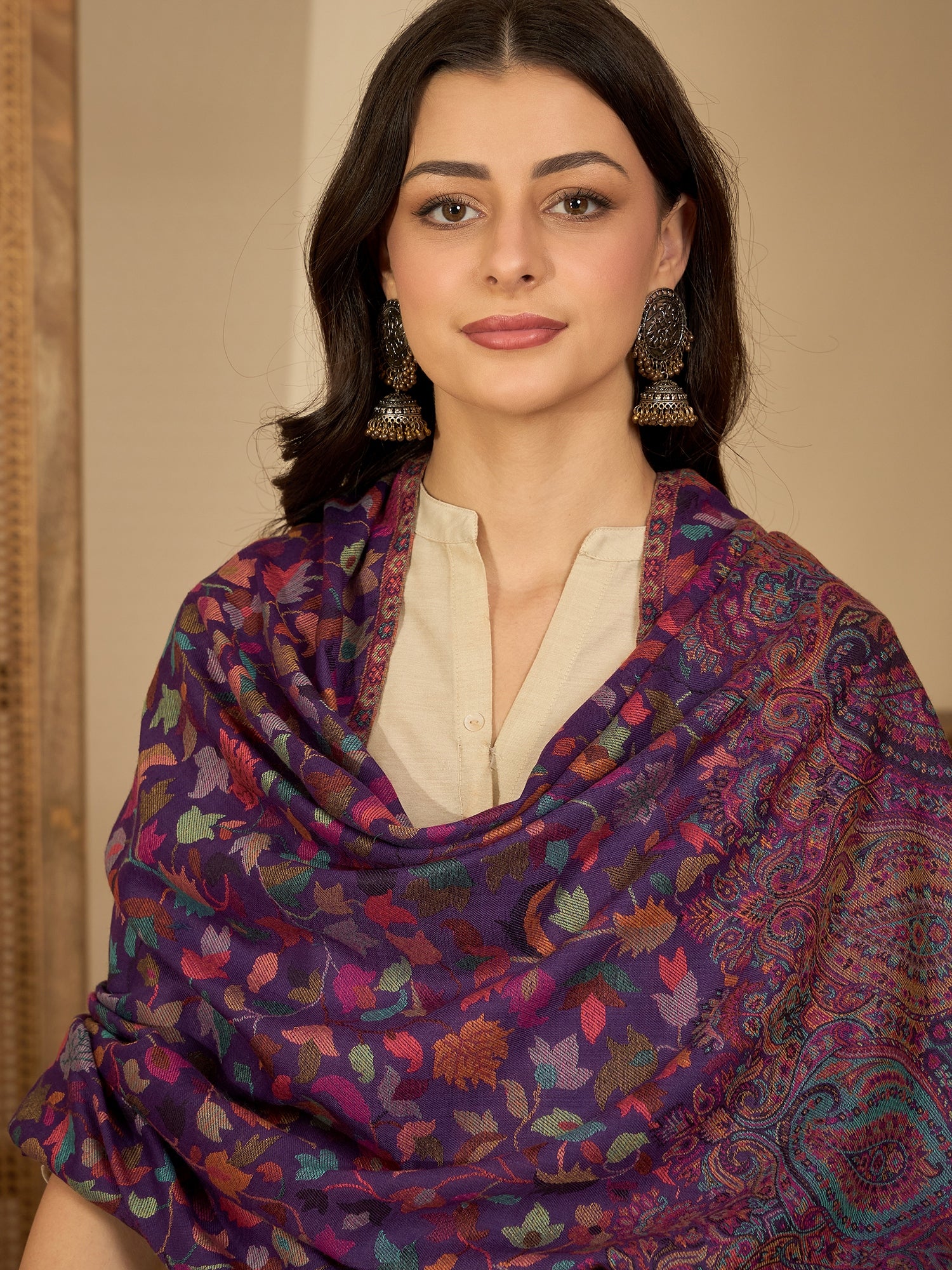 Women Purple Woollen Kashmiri Kaani Weave Shawl