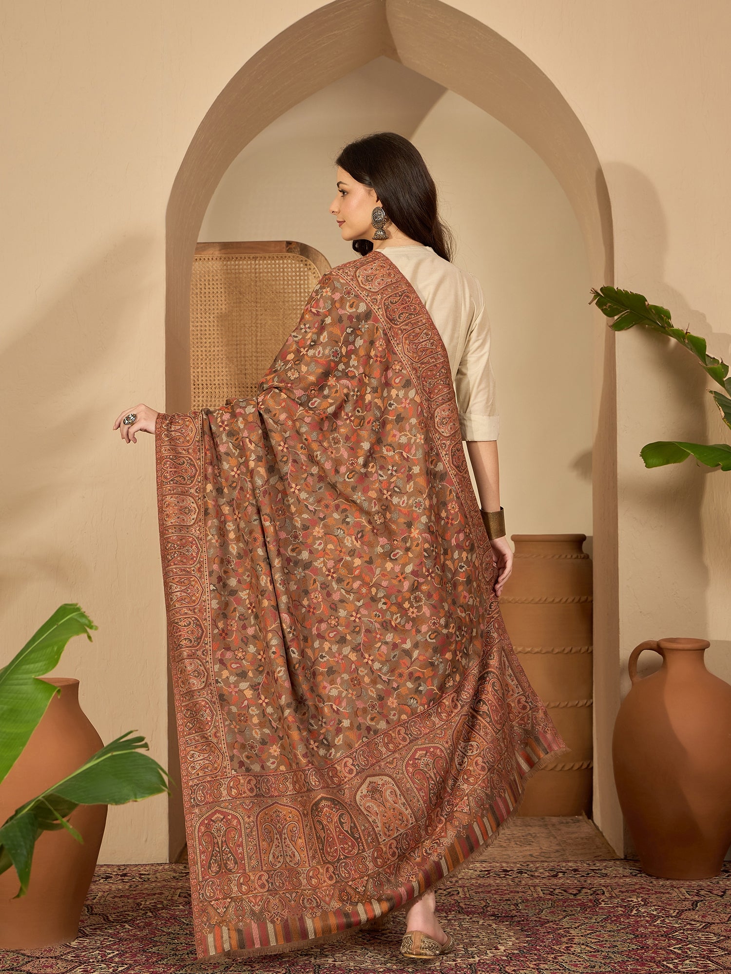 Women Beige Woollen Kashmiri Kaani Weave Shawl
