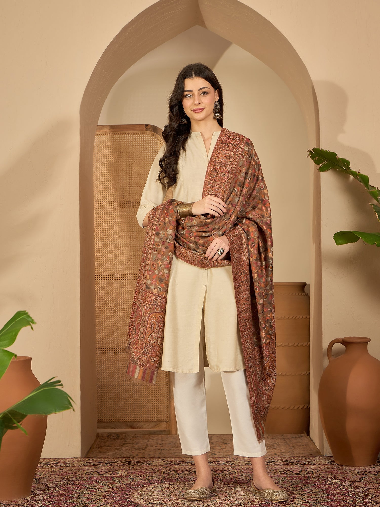 Women Beige Woollen Kashmiri Kaani Weave Shawl