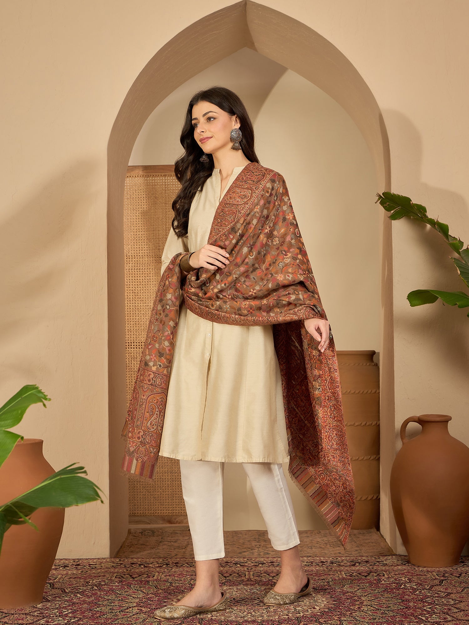 Women Beige Woollen Kashmiri Kaani Weave Shawl