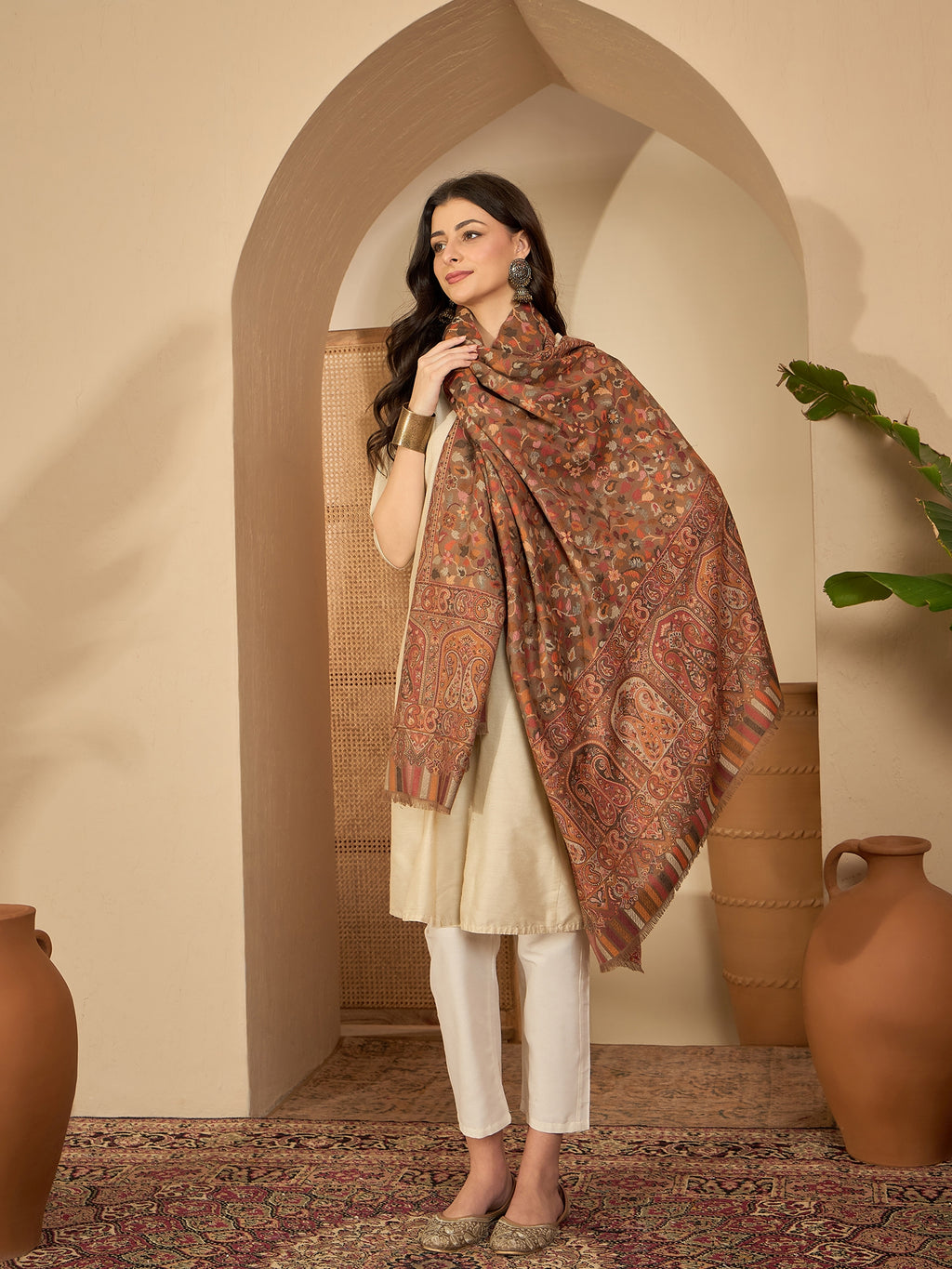 Women Beige Woollen Kashmiri Kaani Weave Shawl