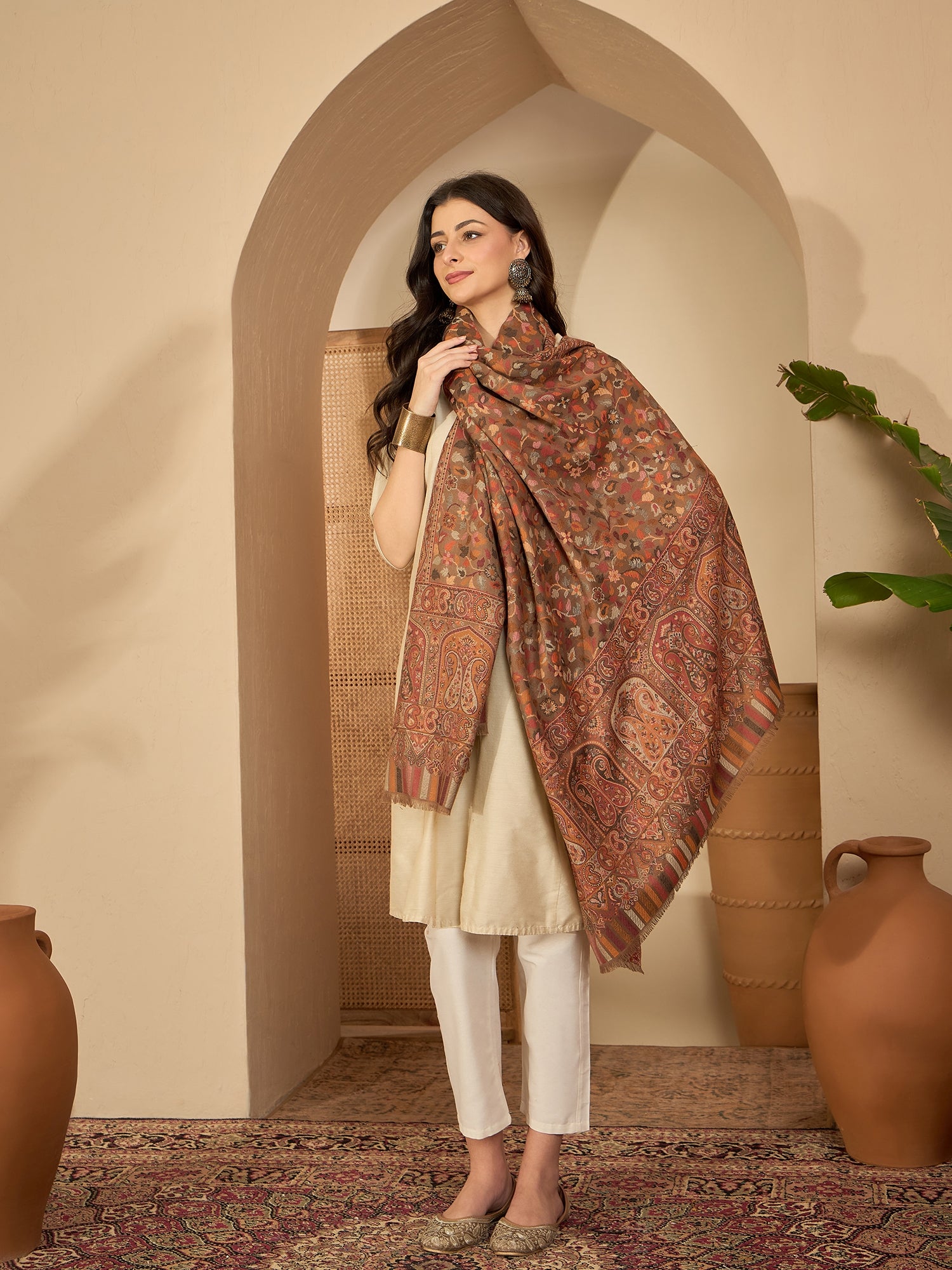 Women Beige Woollen Kashmiri Kaani Weave Shawl