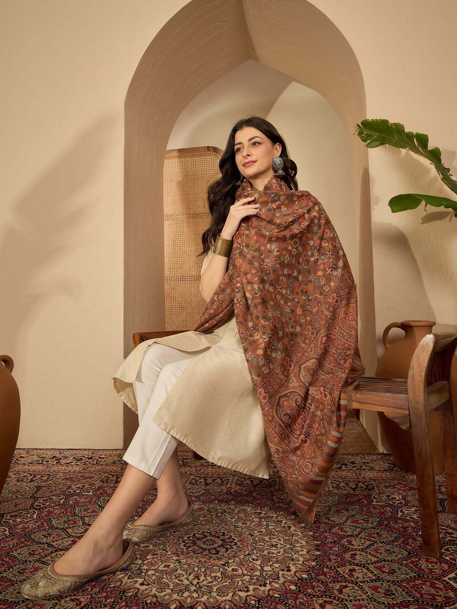 Women Beige Woollen Kashmiri Kaani Weave Shawl