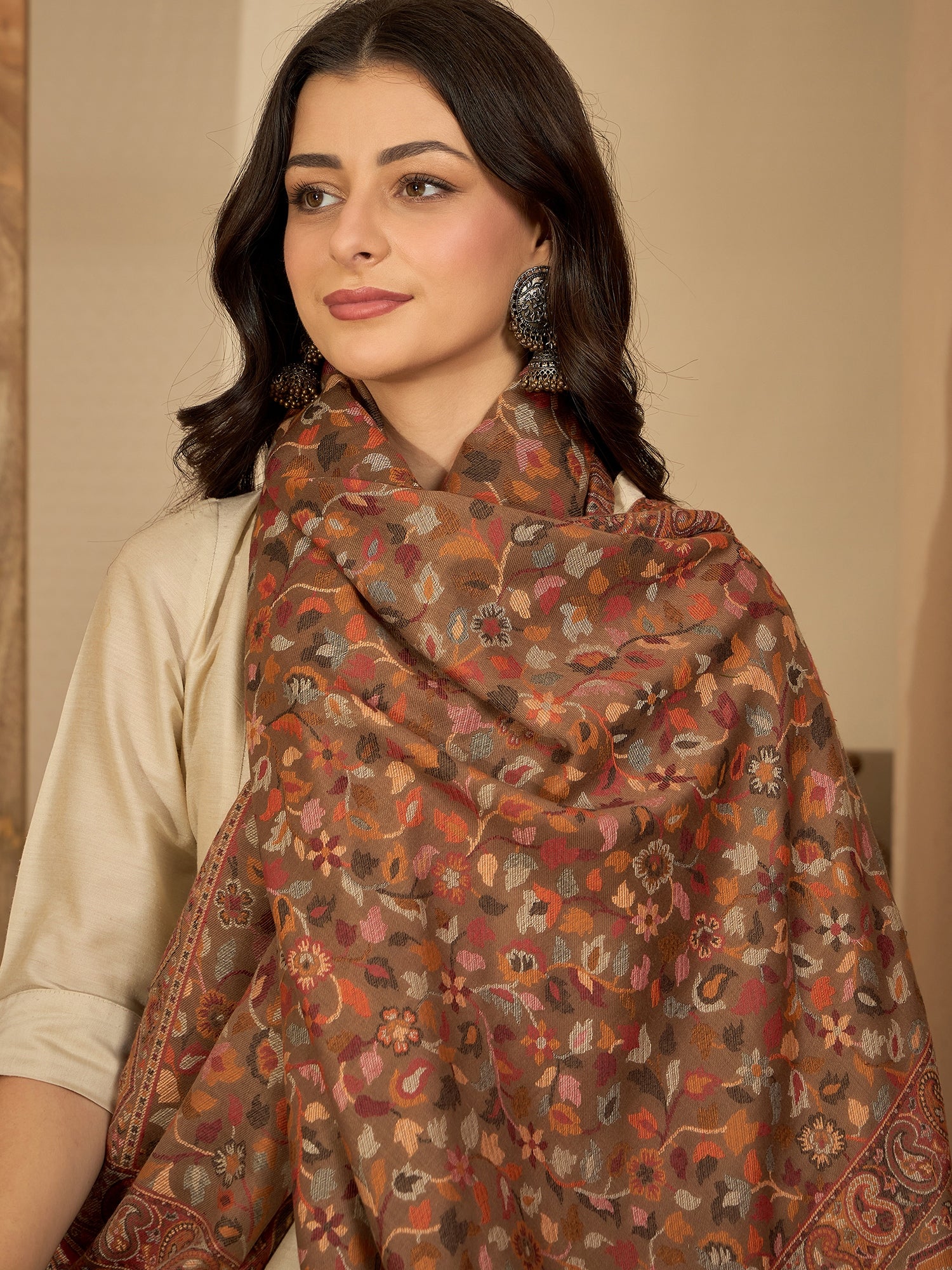 Women Beige Woollen Kashmiri Kaani Weave Shawl