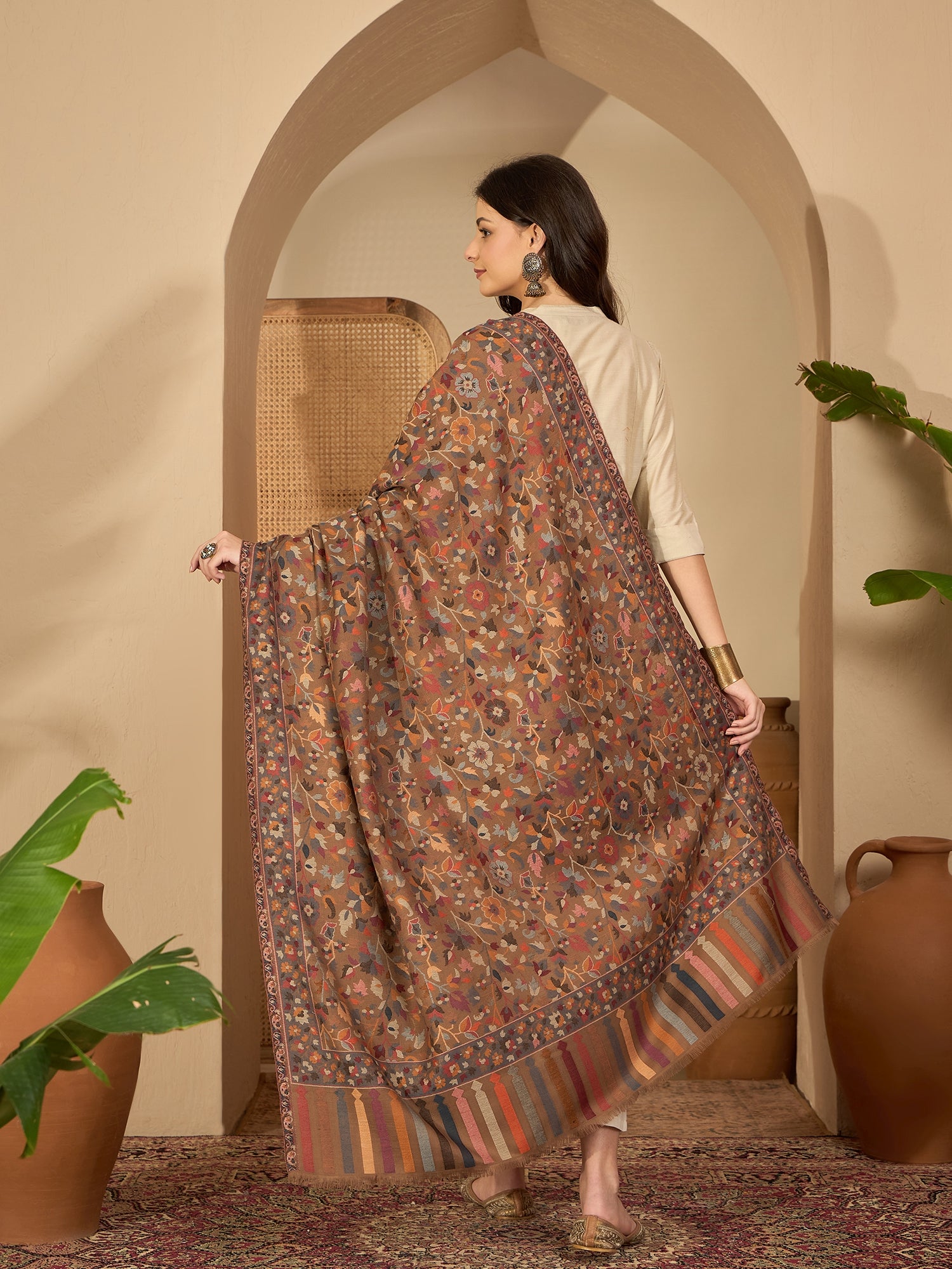 Women Beige Woollen Kashmiri Kaani Weave Shawl