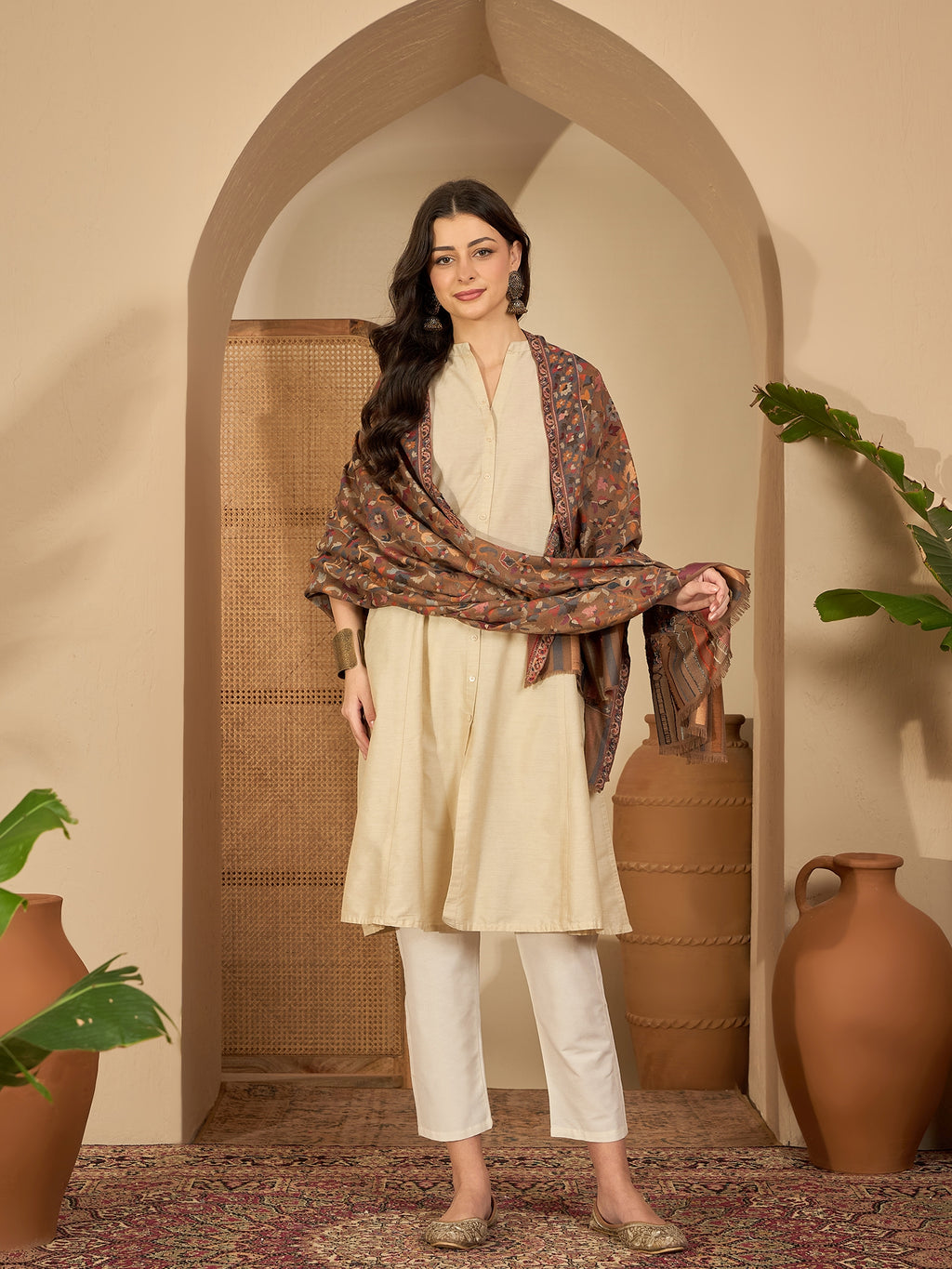 Women Beige Woollen Kashmiri Kaani Weave Shawl