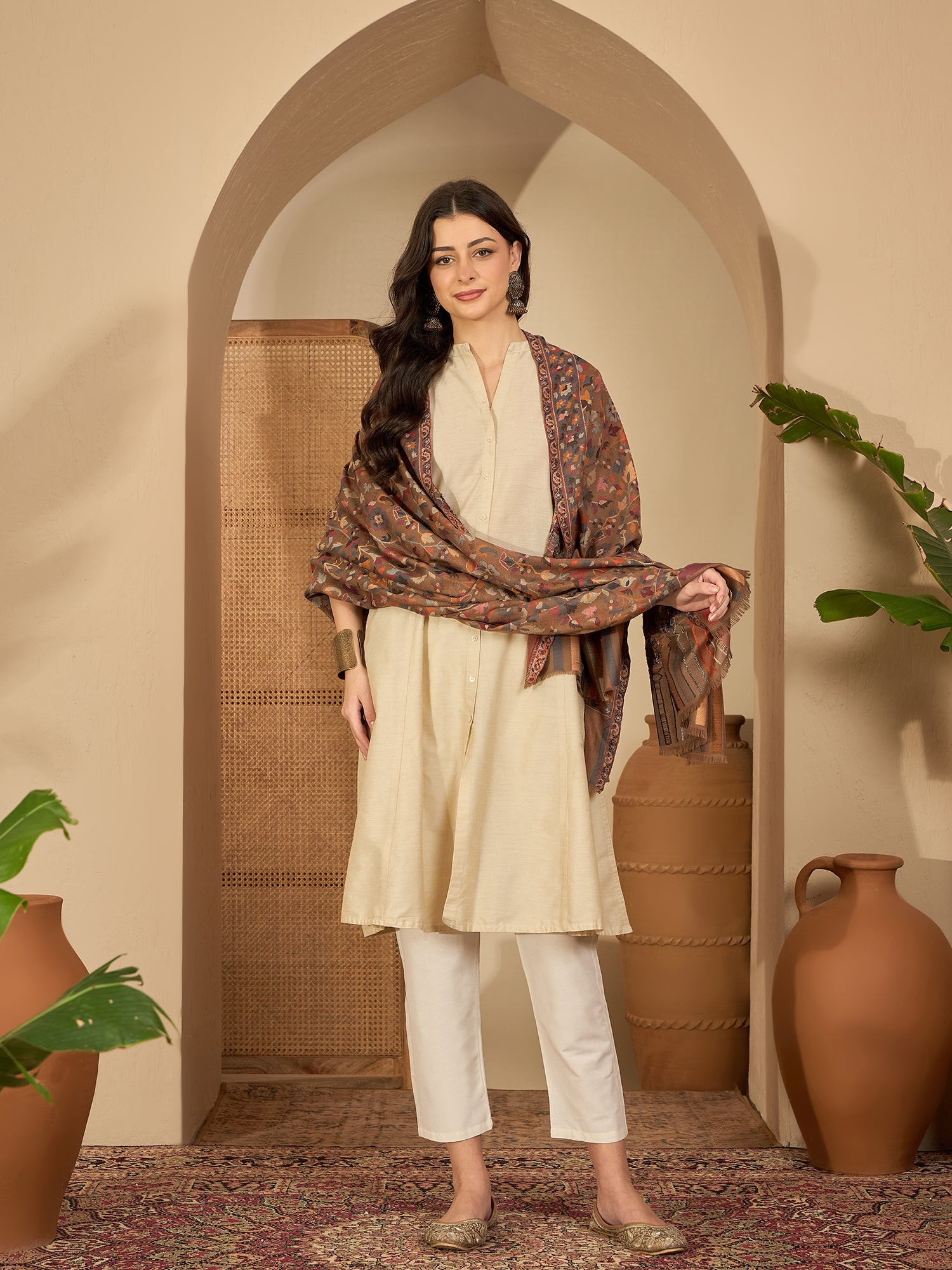 Women Beige Woollen Kashmiri Kaani Weave Shawl