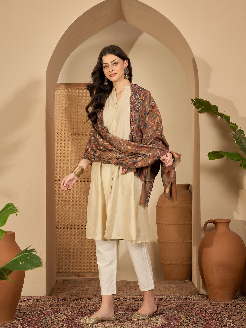 Women Beige Woollen Kashmiri Kaani Weave Shawl