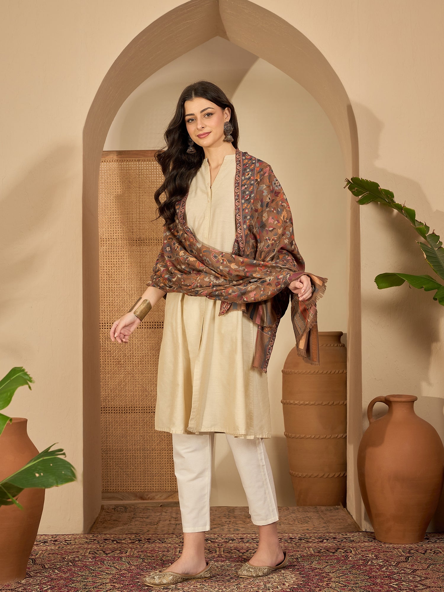 Women Beige Woollen Kashmiri Kaani Weave Shawl