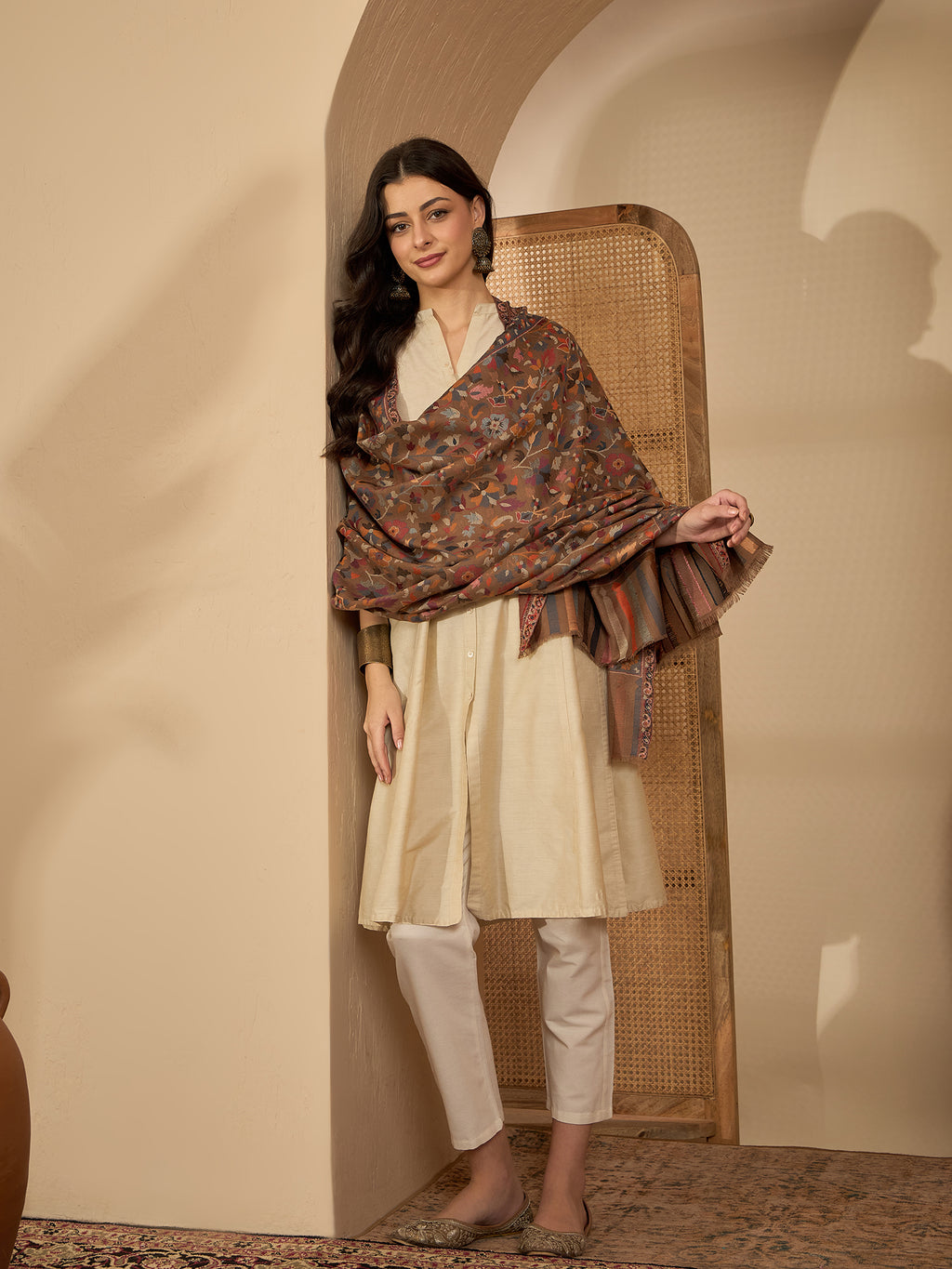 Women Beige Woollen Kashmiri Kaani Weave Shawl