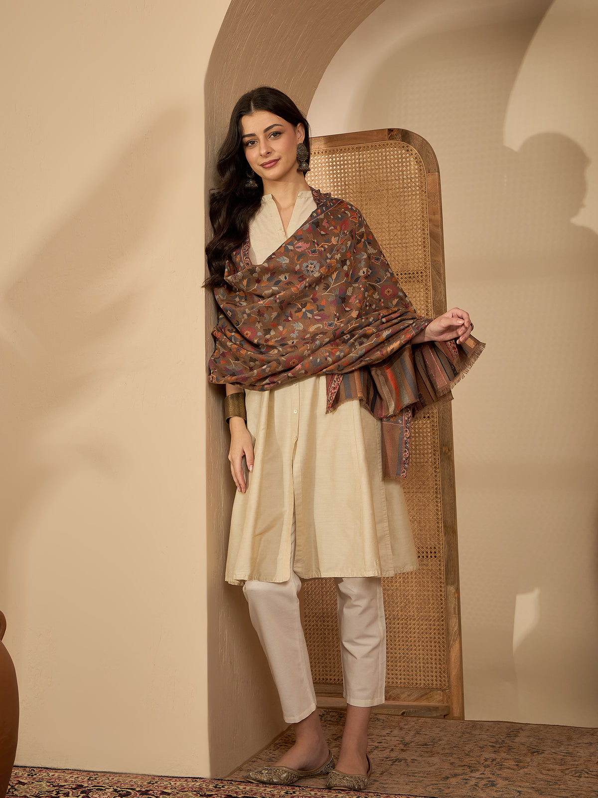 Women Beige Woollen Kashmiri Kaani Weave Shawl