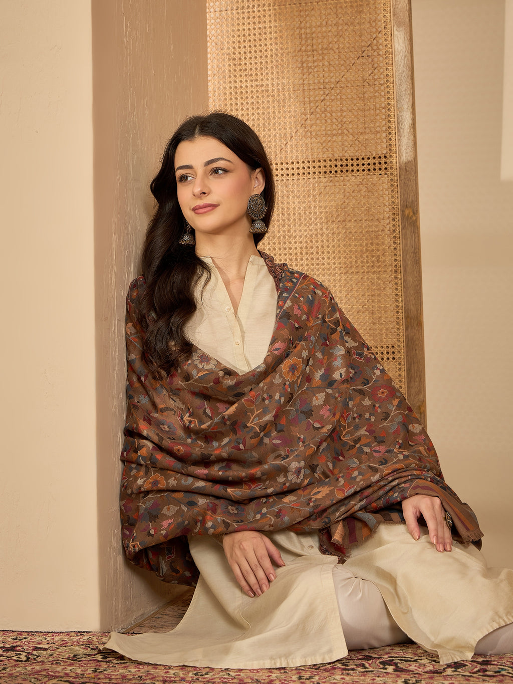 Women Beige Woollen Kashmiri Kaani Weave Shawl