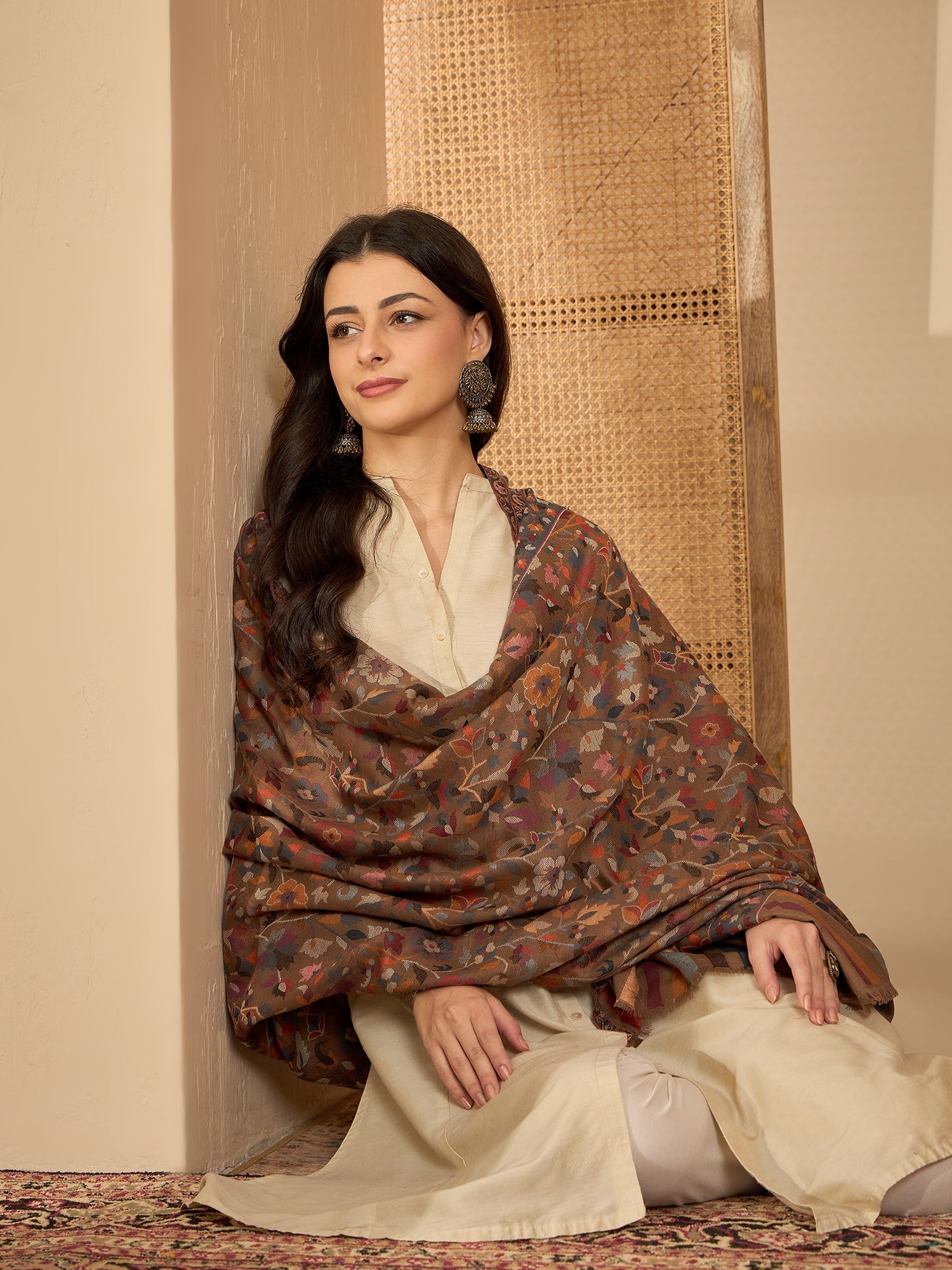 Women Beige Woollen Kashmiri Kaani Weave Shawl