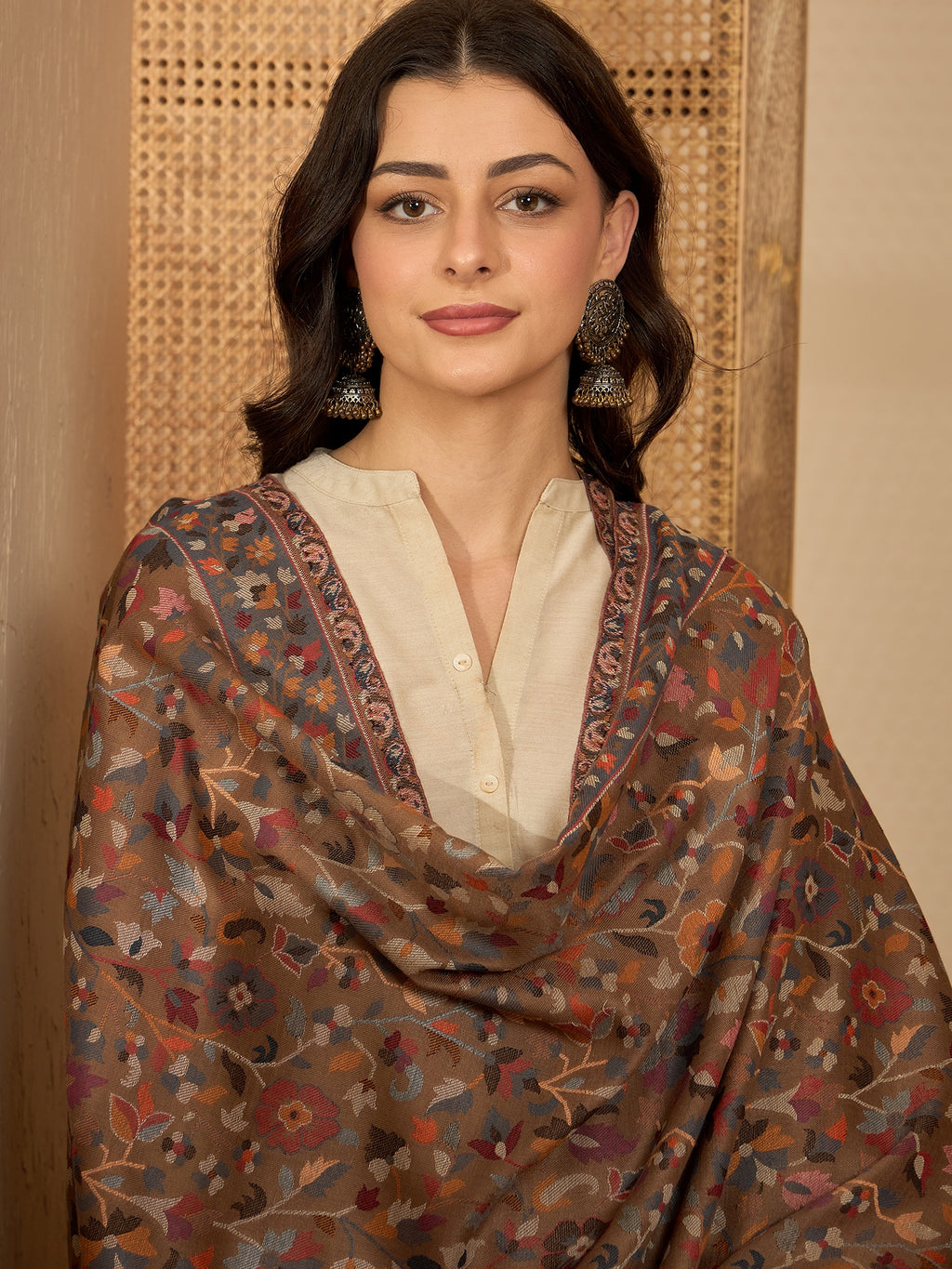 Women Beige Woollen Kashmiri Kaani Weave Shawl