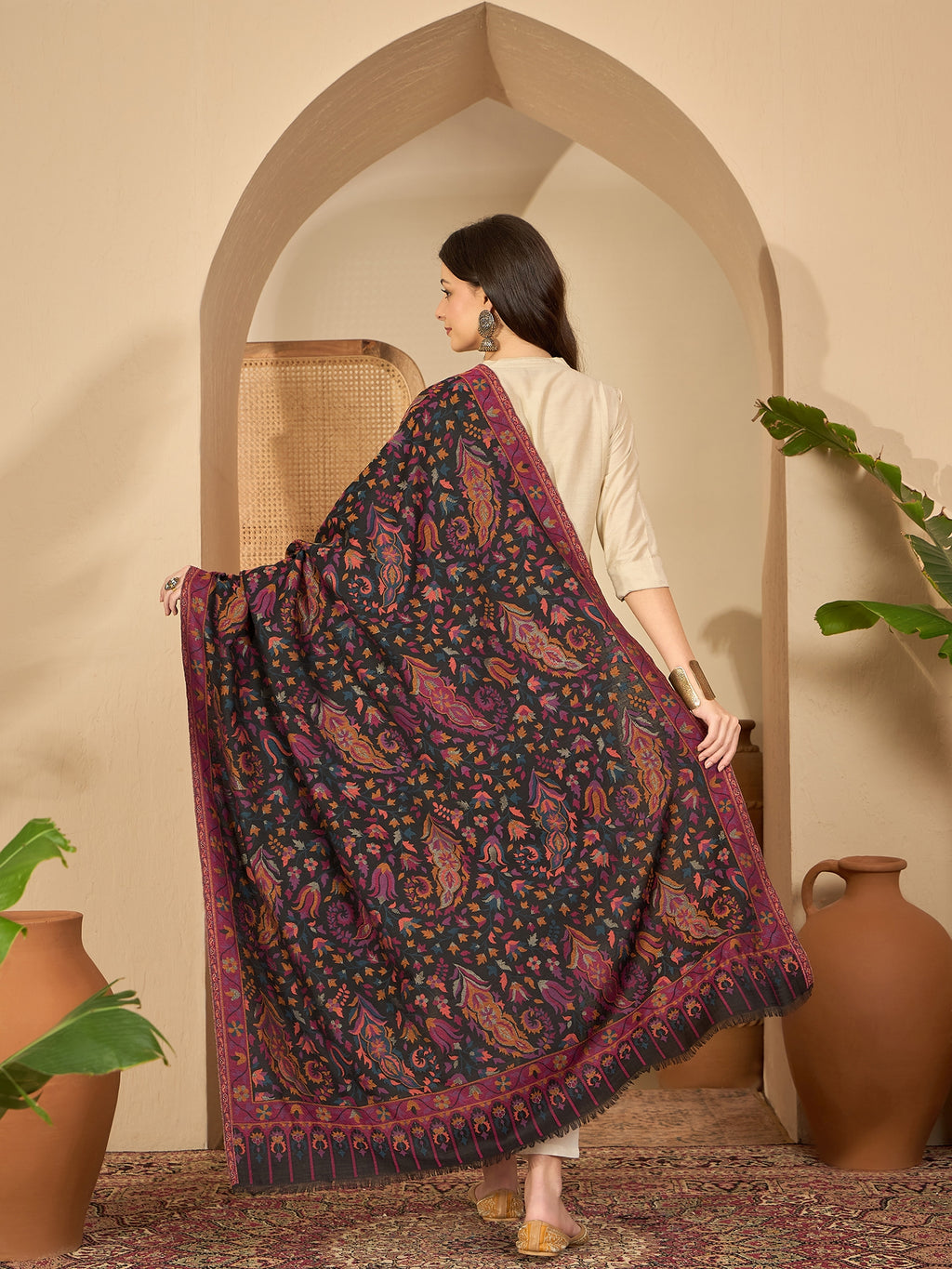 Women Black Woollen Kashmiri Kaani Weave Shawl