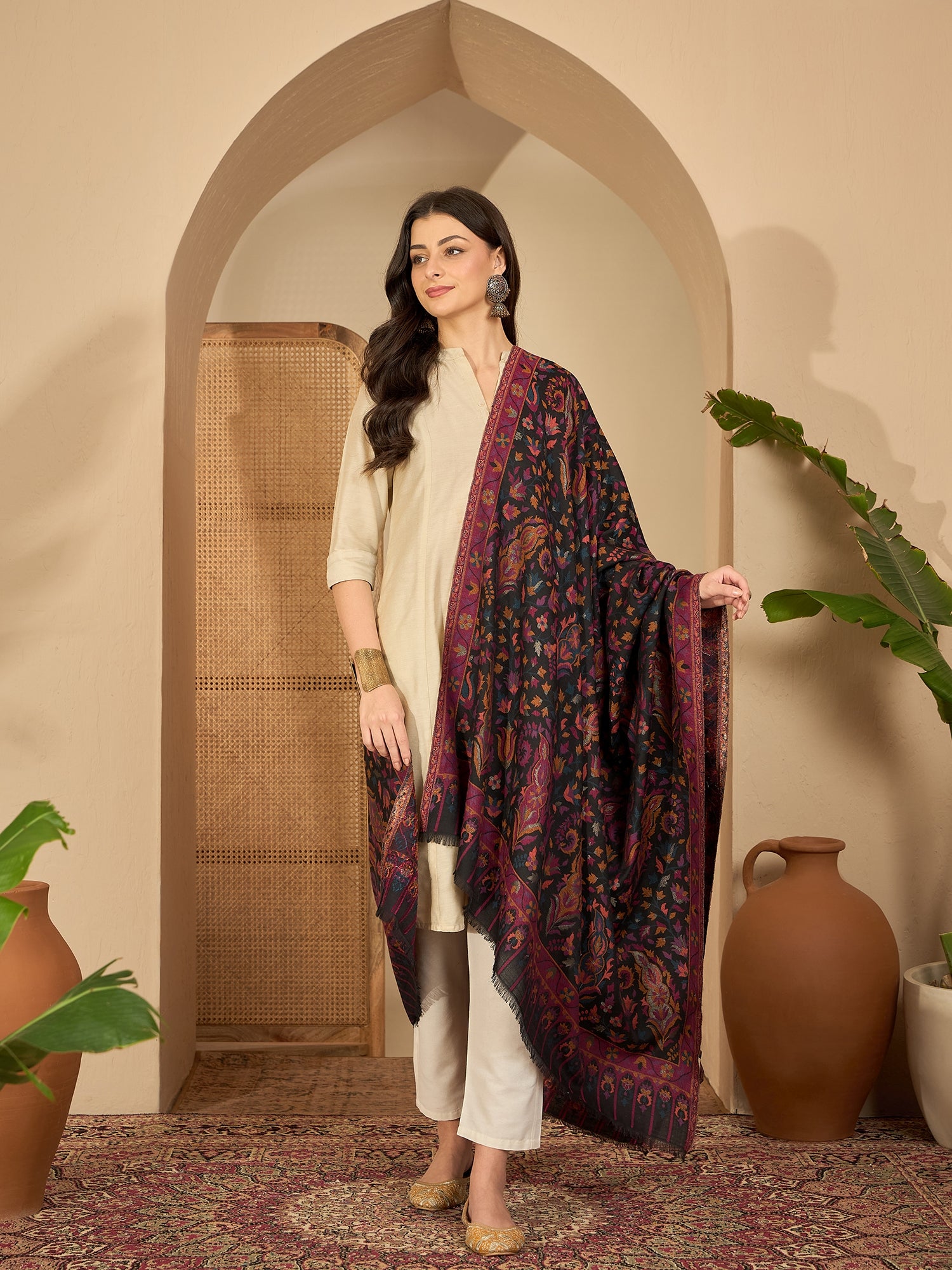 Women Black Woollen Kashmiri Kaani Weave Shawl