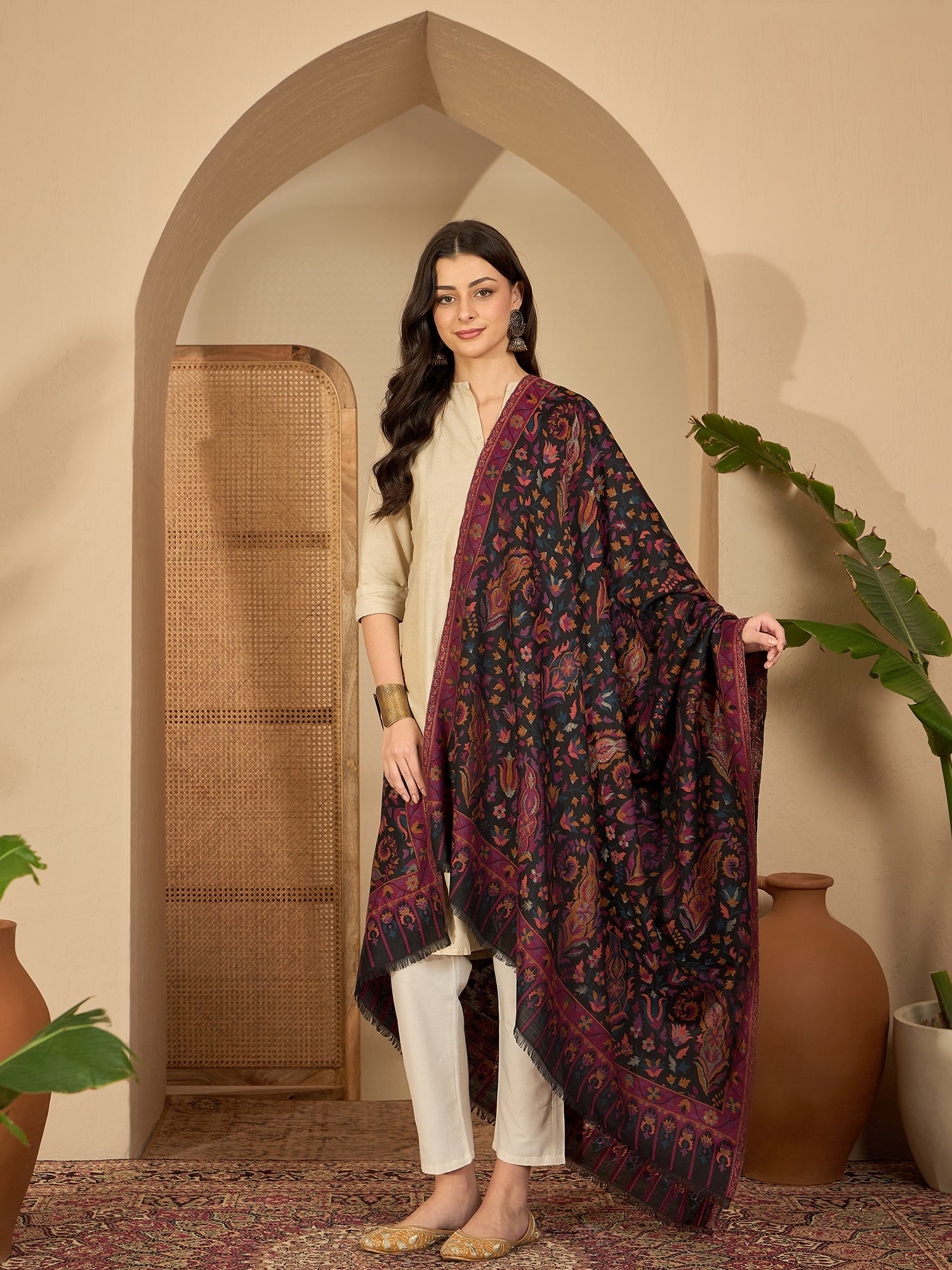 Women Black Woollen Kashmiri Kaani Weave Shawl