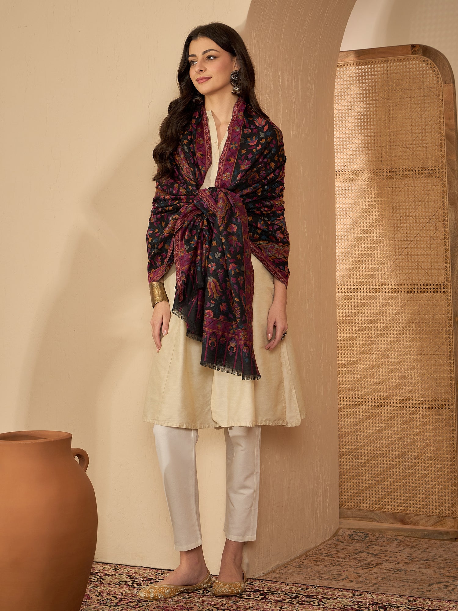 Women Black Woollen Kashmiri Kaani Weave Shawl