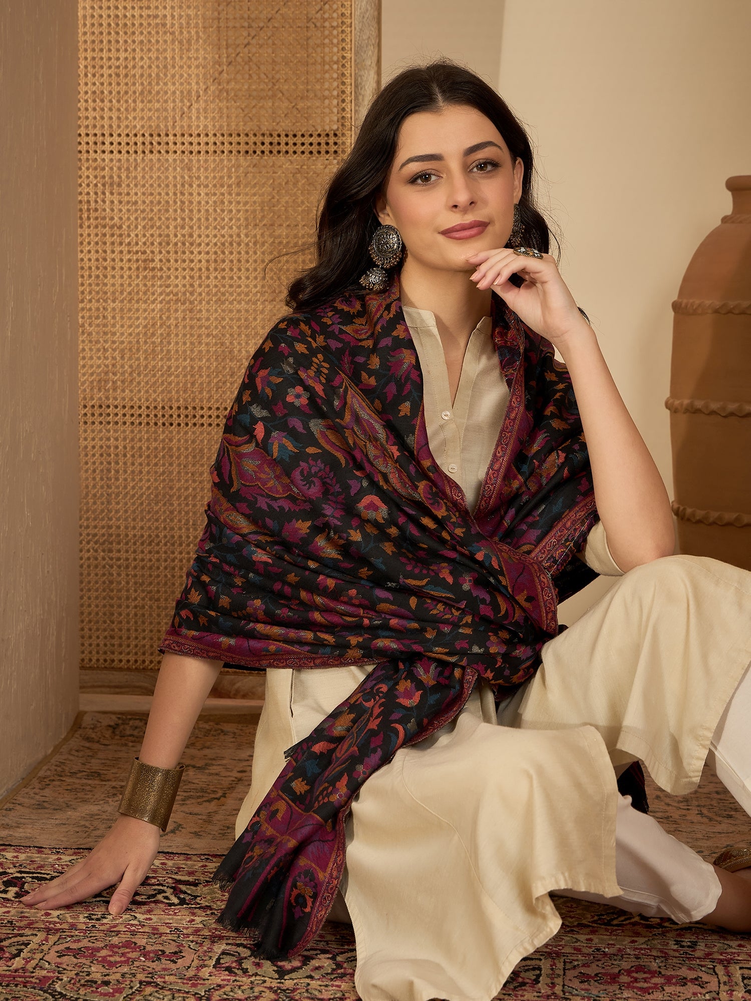 Women Black Woollen Kashmiri Kaani Weave Shawl