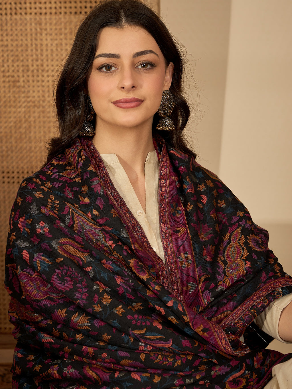 Women Black Woollen Kashmiri Kaani Weave Shawl