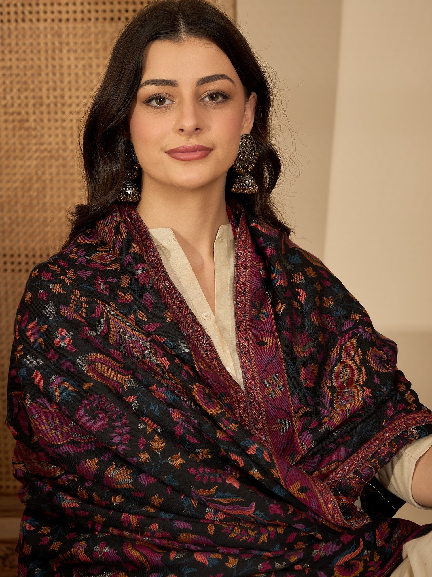 Women Black Woollen Kashmiri Kaani Weave Shawl