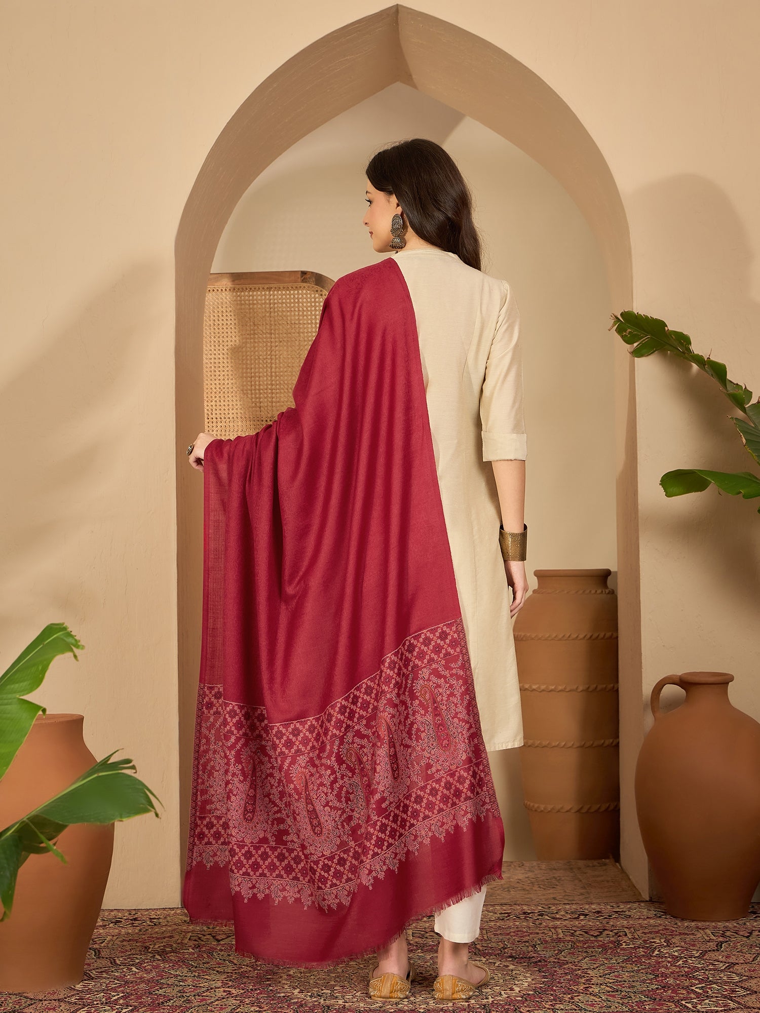 Women Red Woollen Kashmiri Kaani Weave Shawl