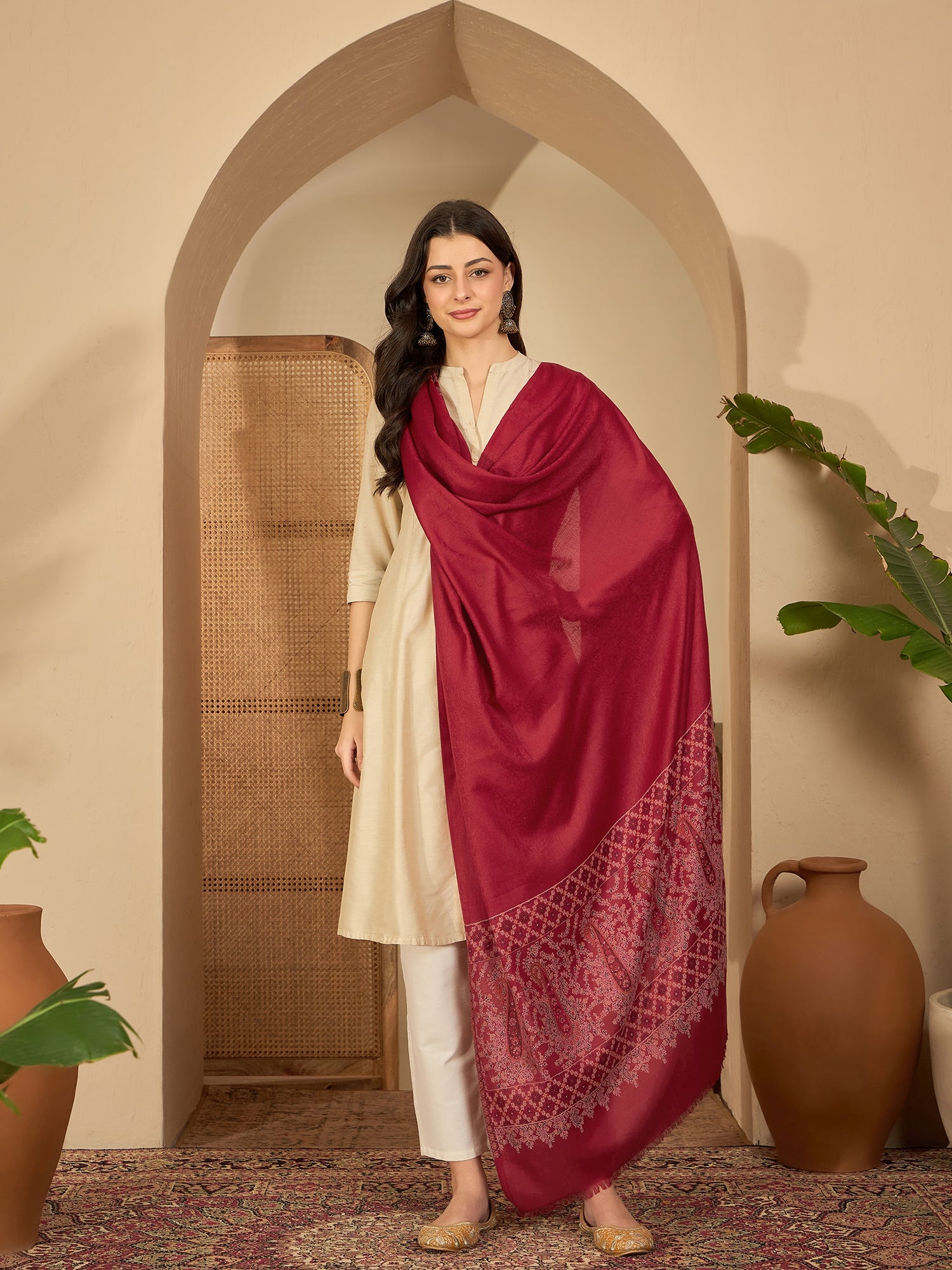 Women Red Woollen Kashmiri Kaani Weave Shawl