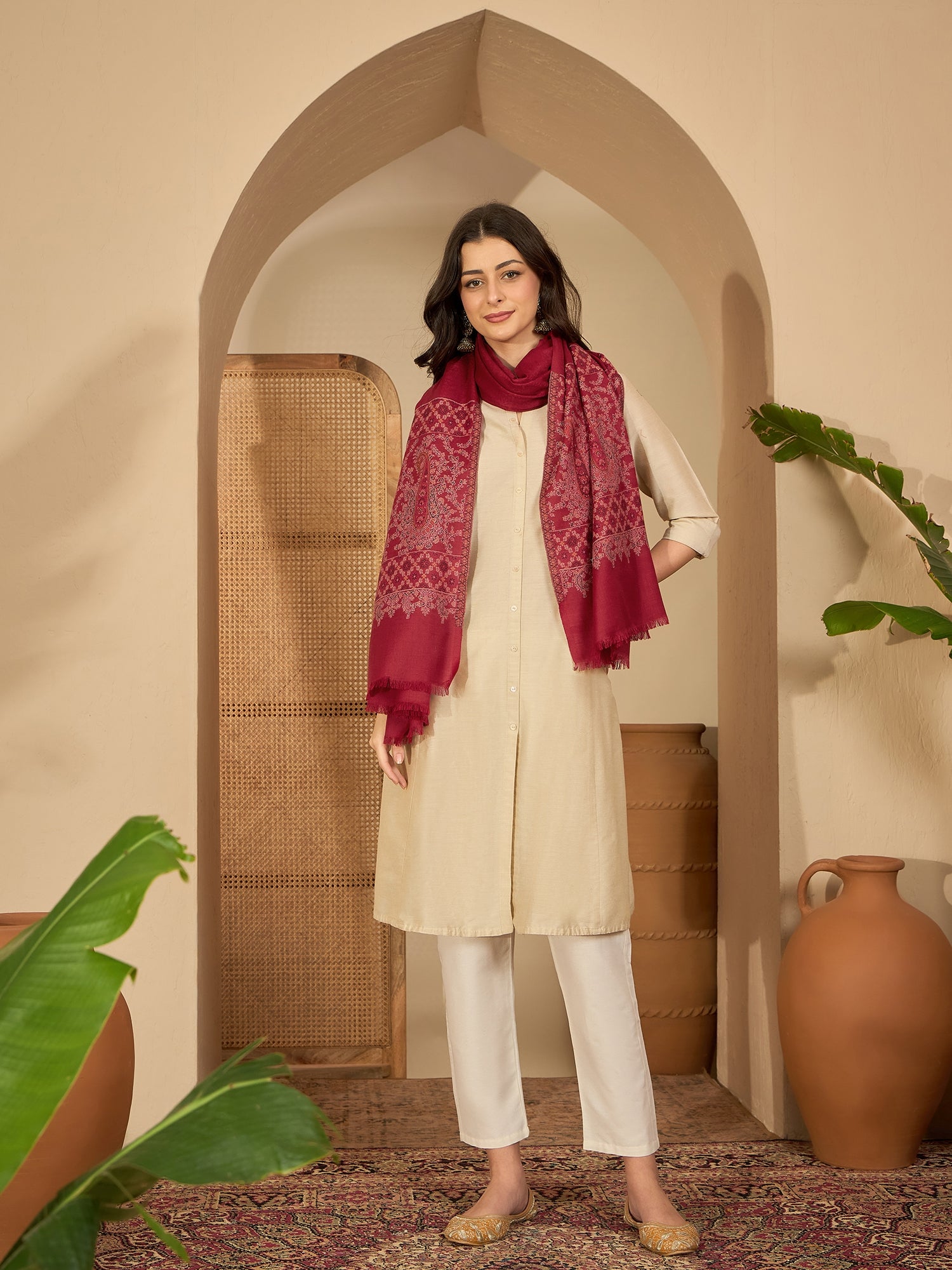 Women Red Woollen Kashmiri Kaani Weave Shawl