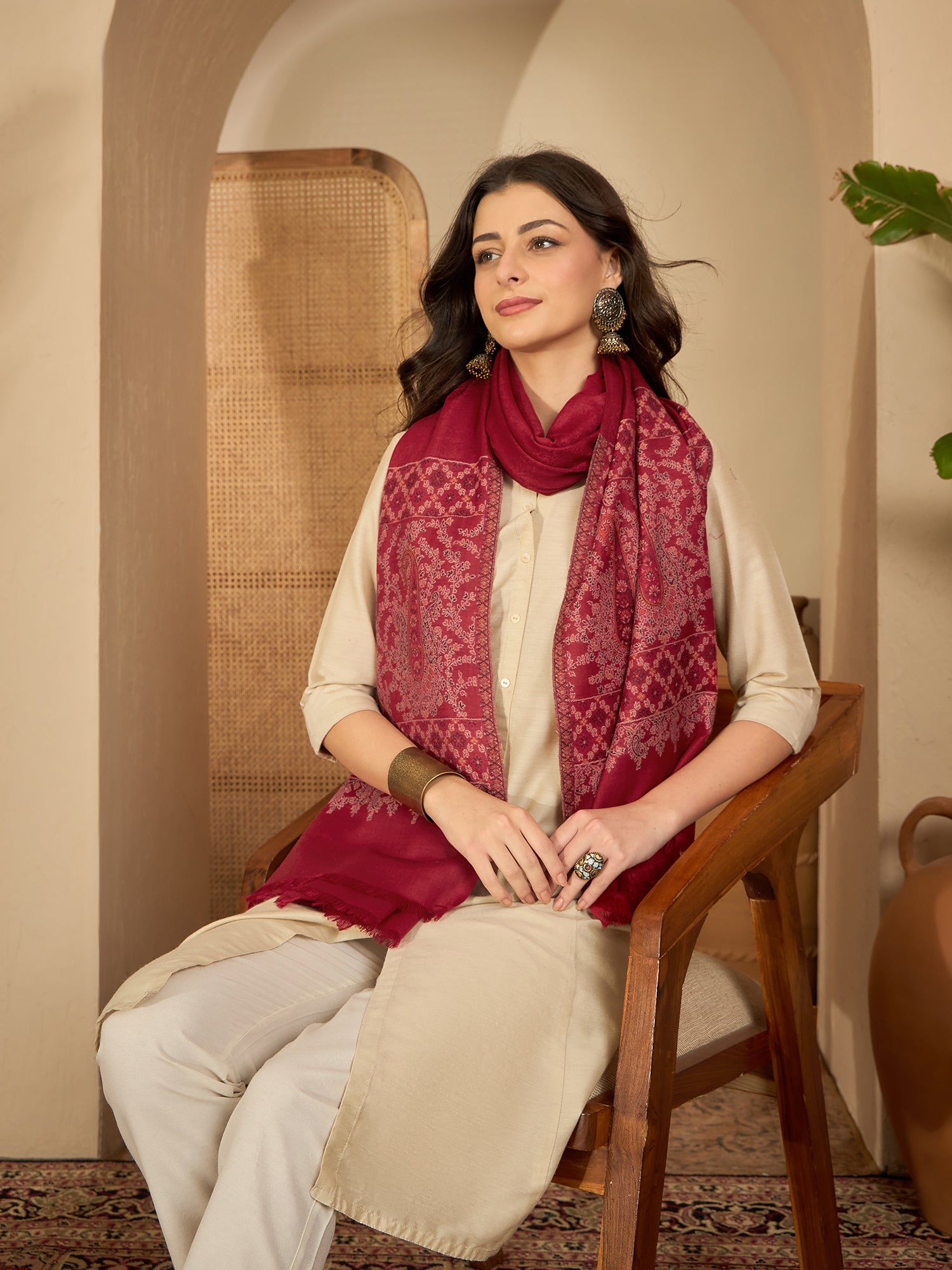 Women Red Woollen Kashmiri Kaani Weave Shawl
