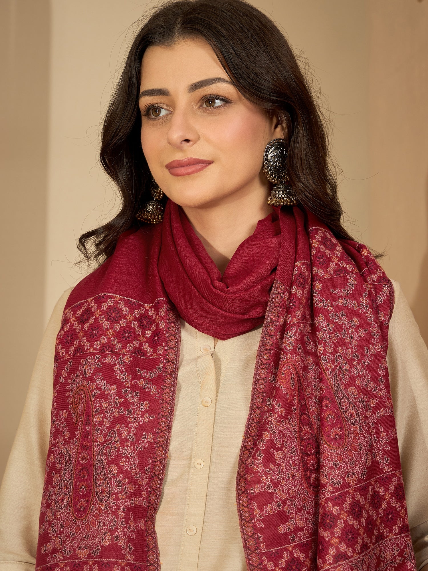 Women Red Woollen Kashmiri Kaani Weave Shawl