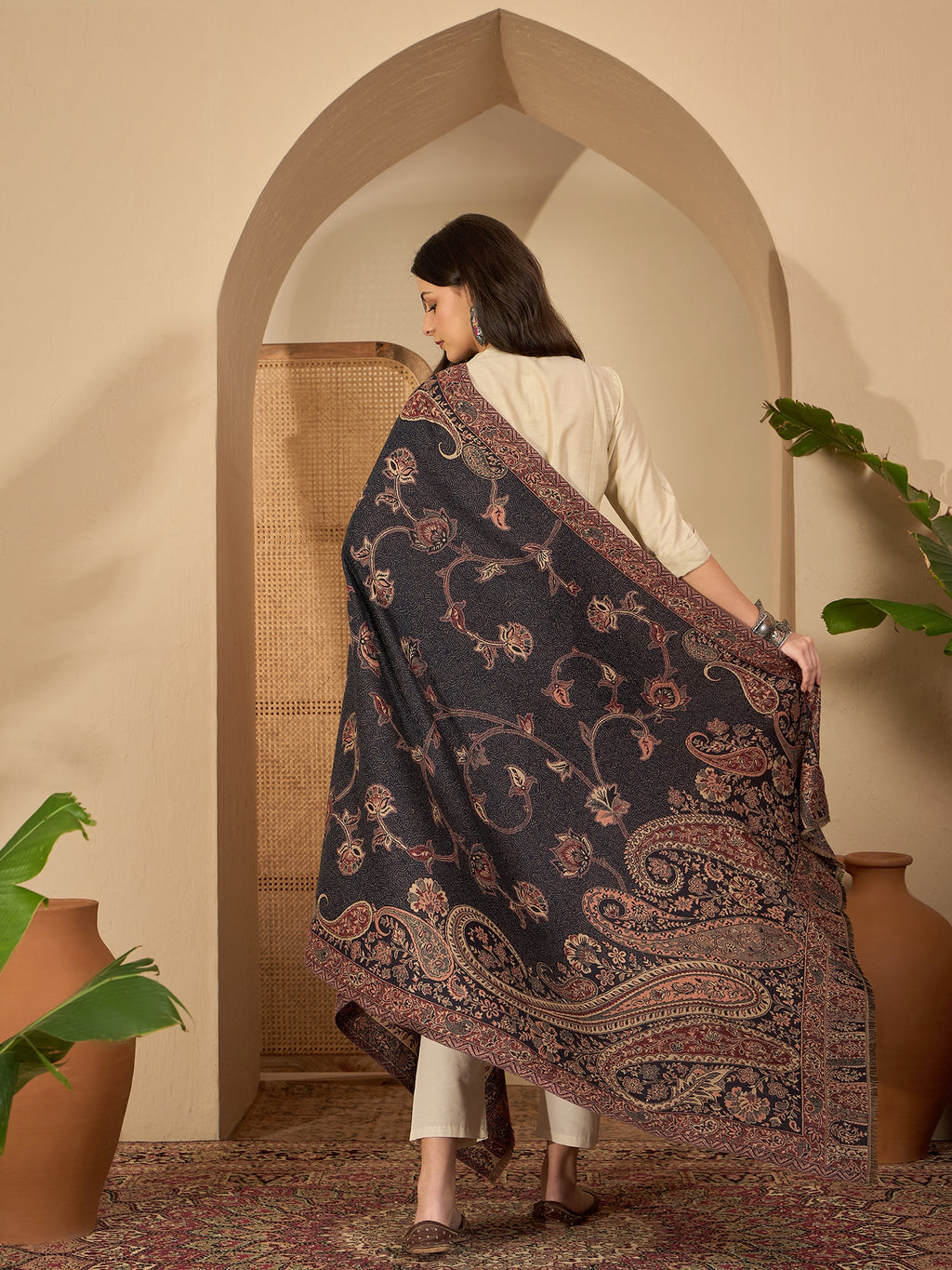 Women Black Beige Kashmiri Kaani Weave Shawl