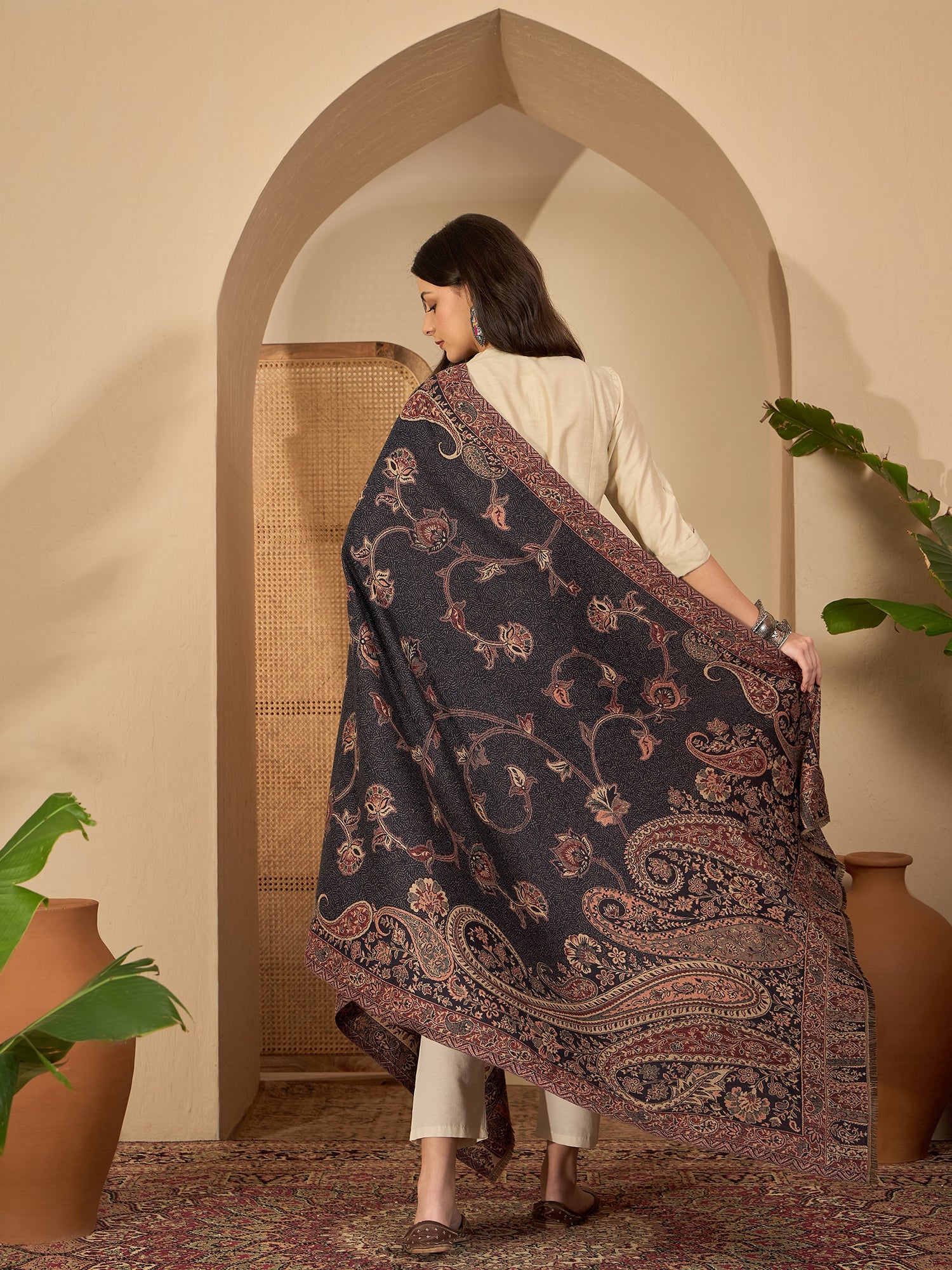 Women Black Beige Kashmiri Kaani Weave Shawl