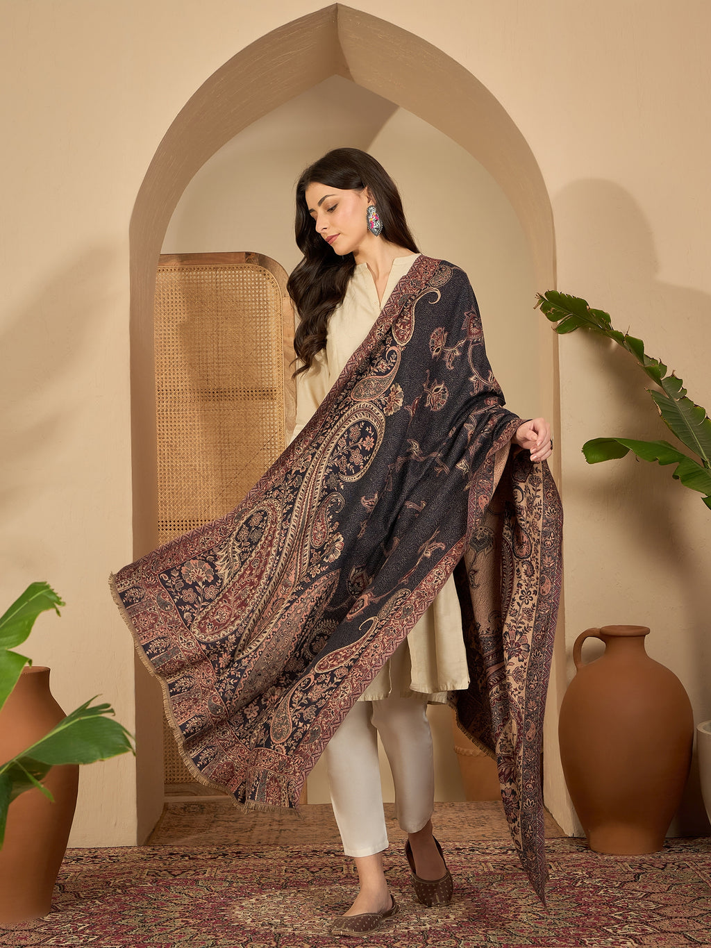 Women Black Beige Kashmiri Kaani Weave Shawl