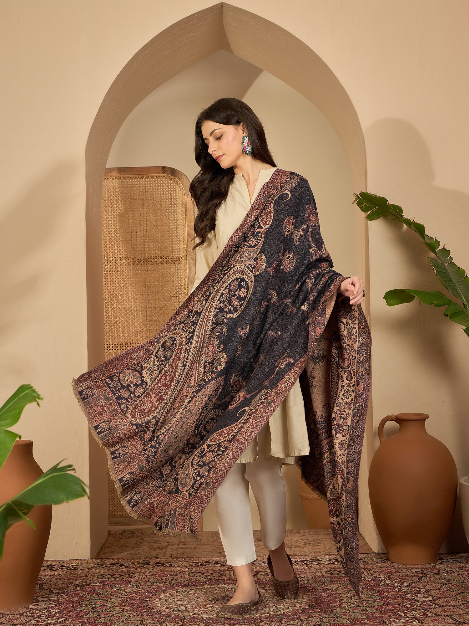 Women Black Beige Kashmiri Kaani Weave Shawl