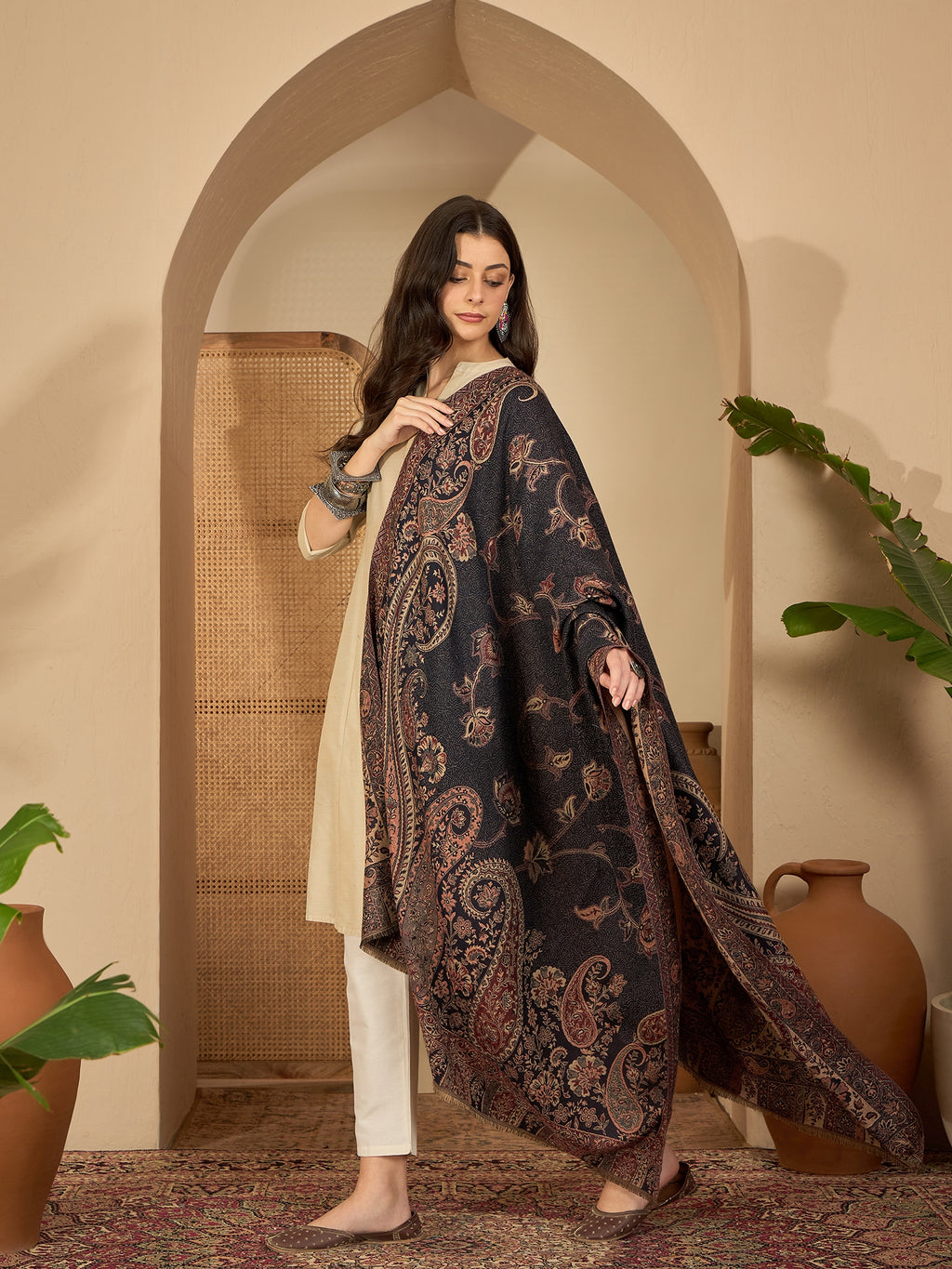 Women Black Beige Kashmiri Kaani Weave Shawl